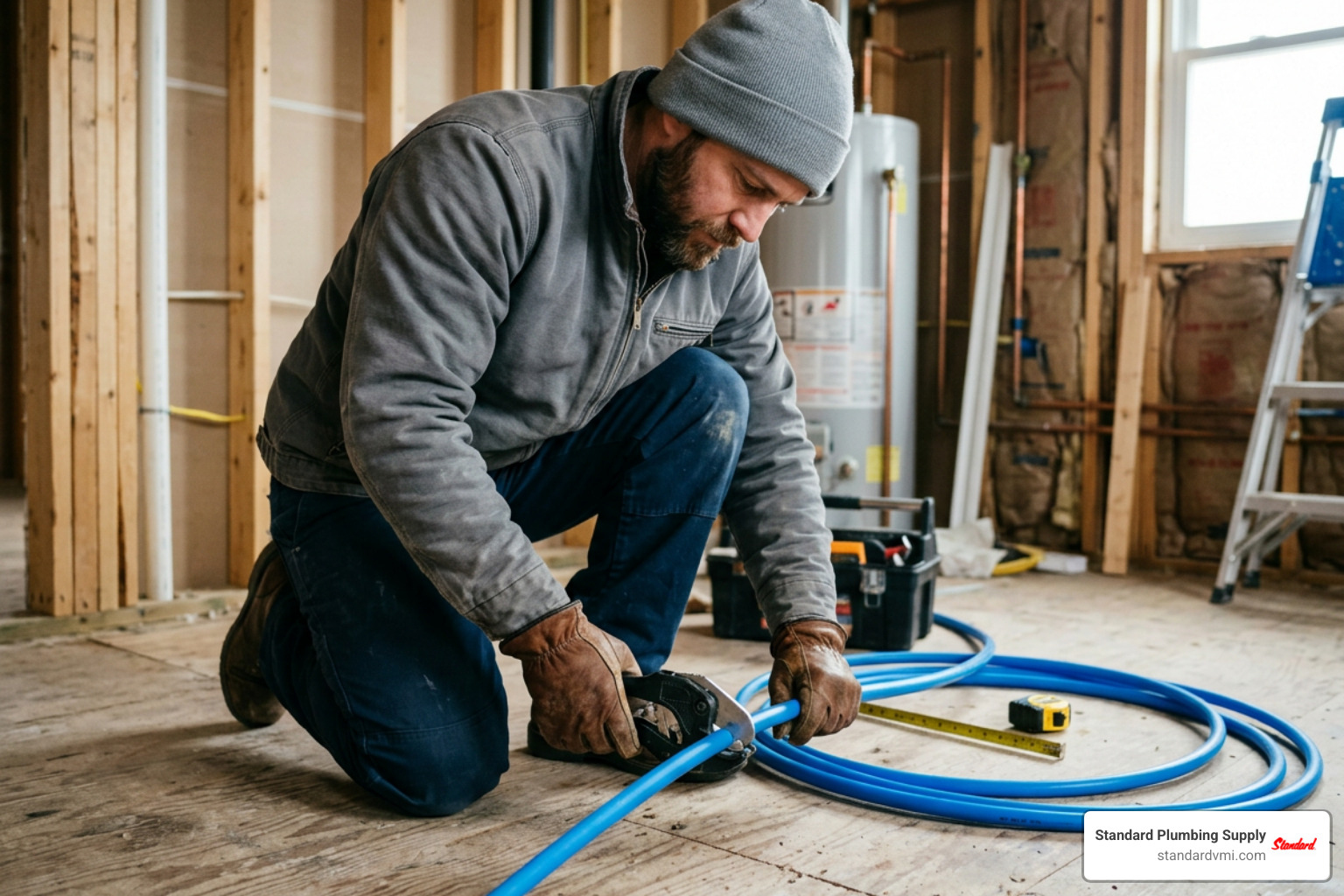 Plumber cutting PEX tubing on jobsite