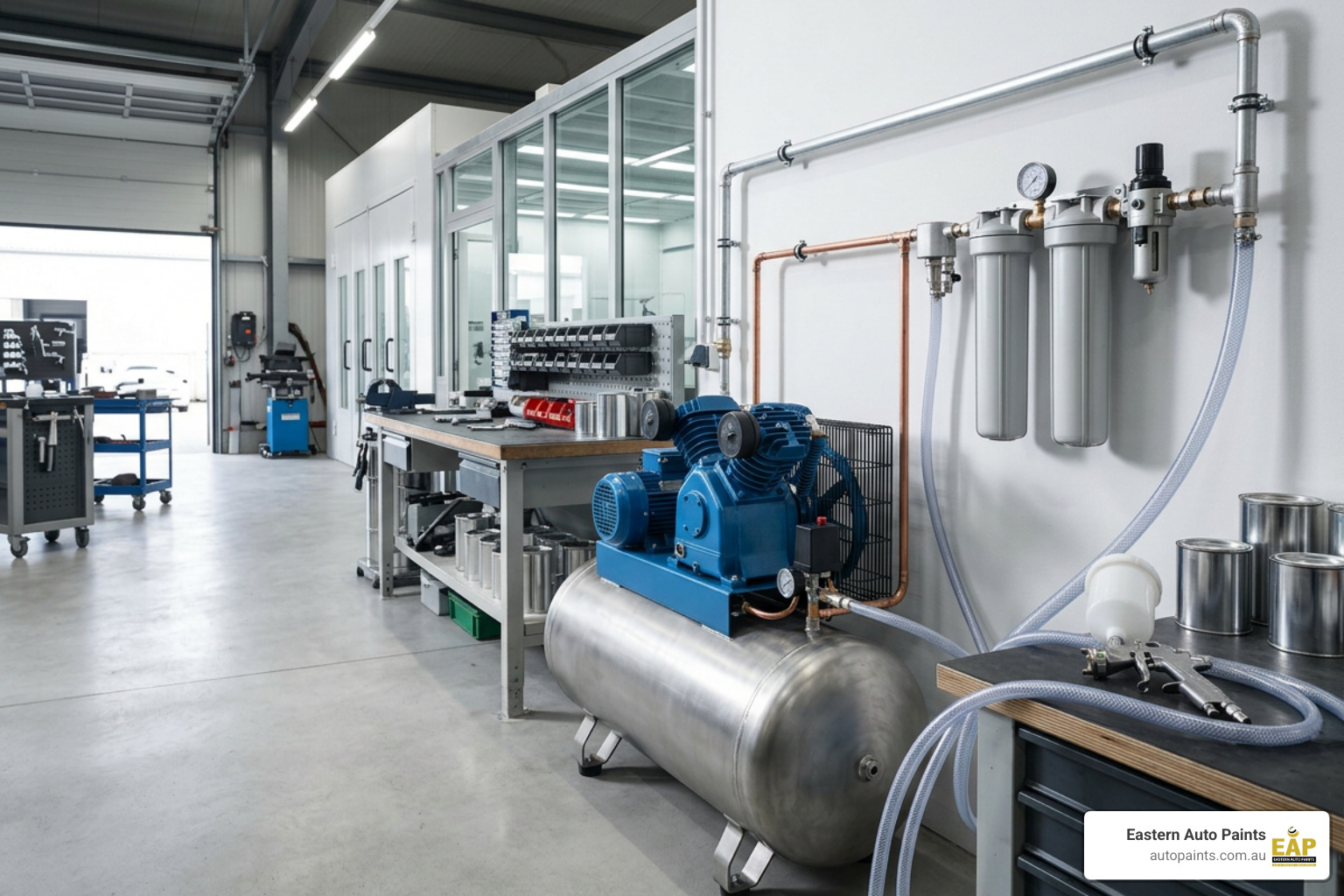 Automotive workshop compressor setup with clean piping and filtration