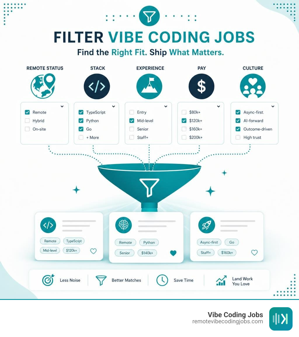 Infographic: filter vibe coding jobs by remote status, stack, experience, pay, and culture infographic