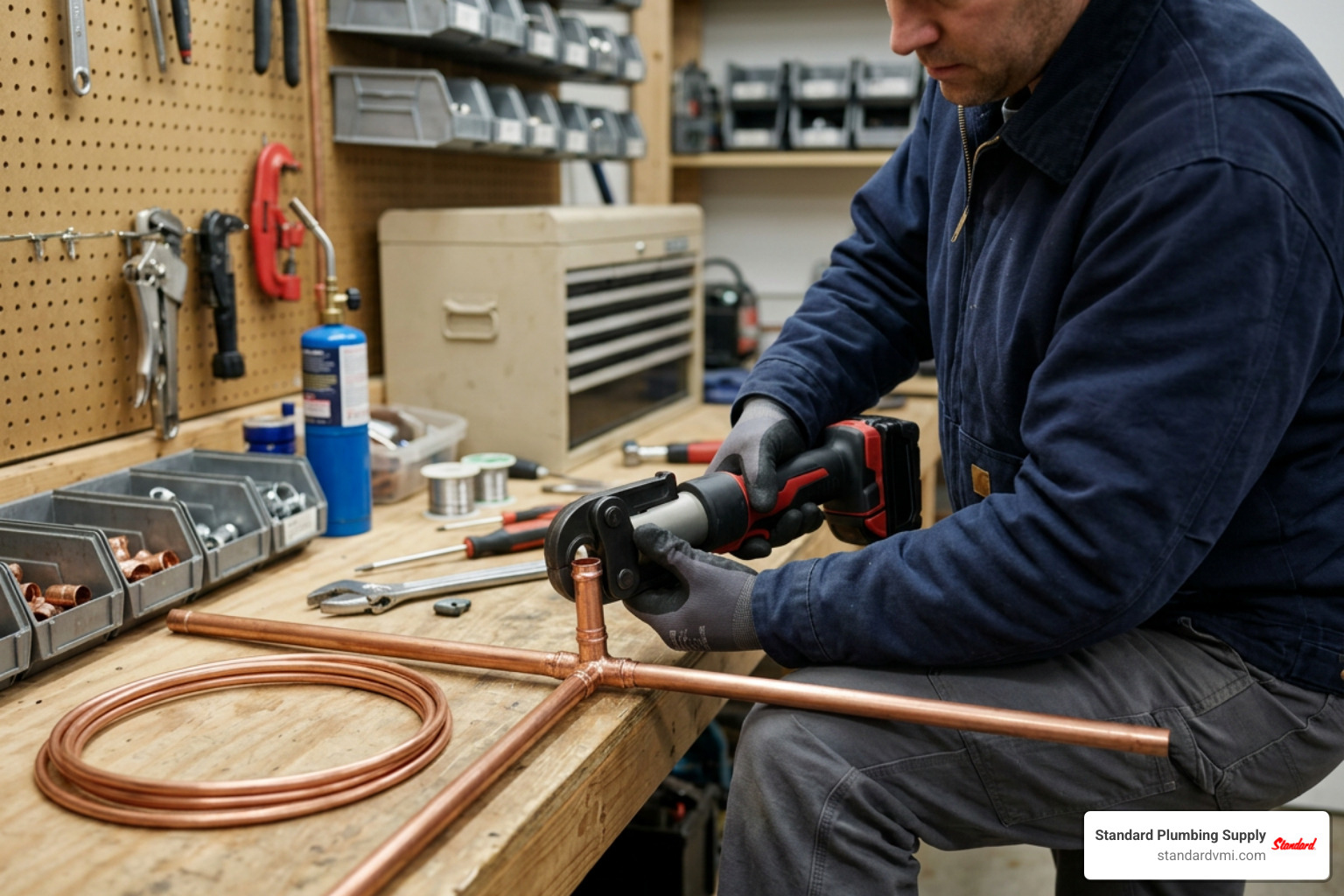 Plumber using a battery-powered hydraulic press tool on a copper fitting Plumber using a battery-powered hydraulic press tool on a copper fitting