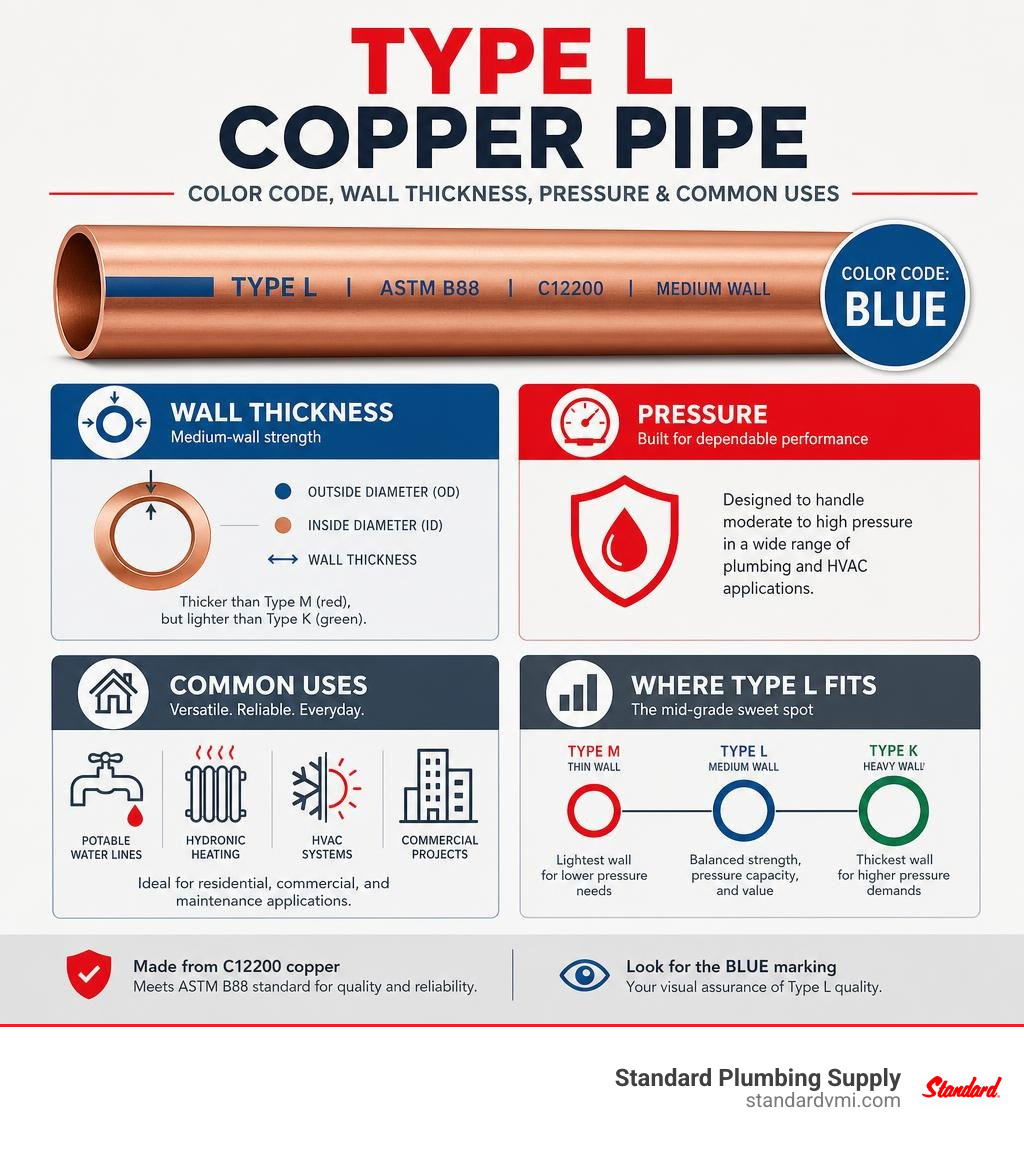 Type L copper pipe color code, wall thickness, pressure, and common uses infographic Type L copper pipe color code, wall thickness, pressure, and common uses infographic