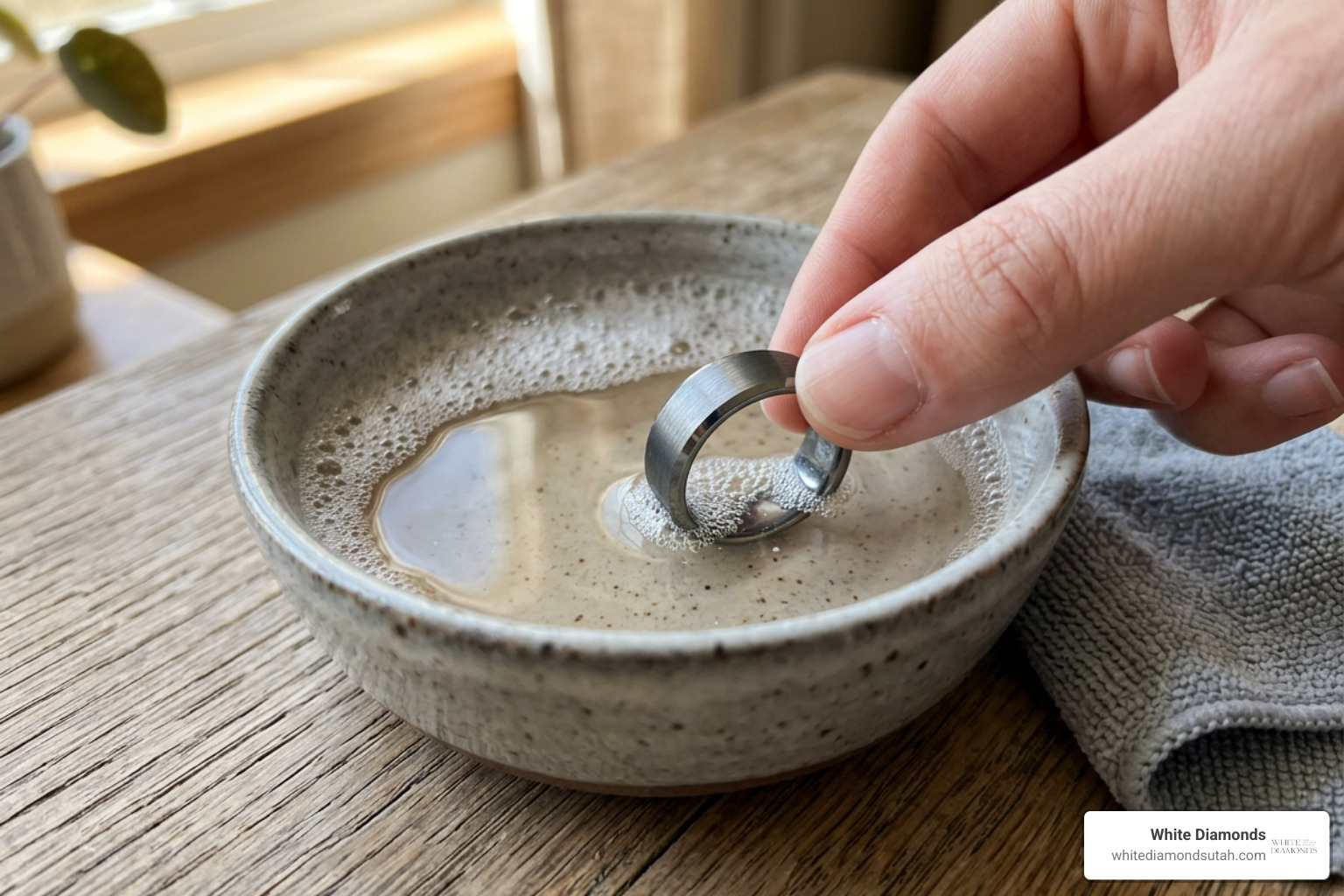 Cleaning a tungsten wedding band with warm soapy water Cleaning a tungsten wedding band with warm soapy water
