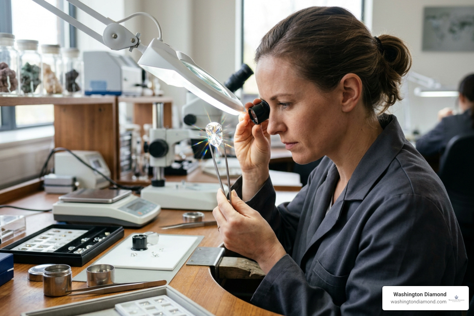 Gemologist examining diamond under magnification
