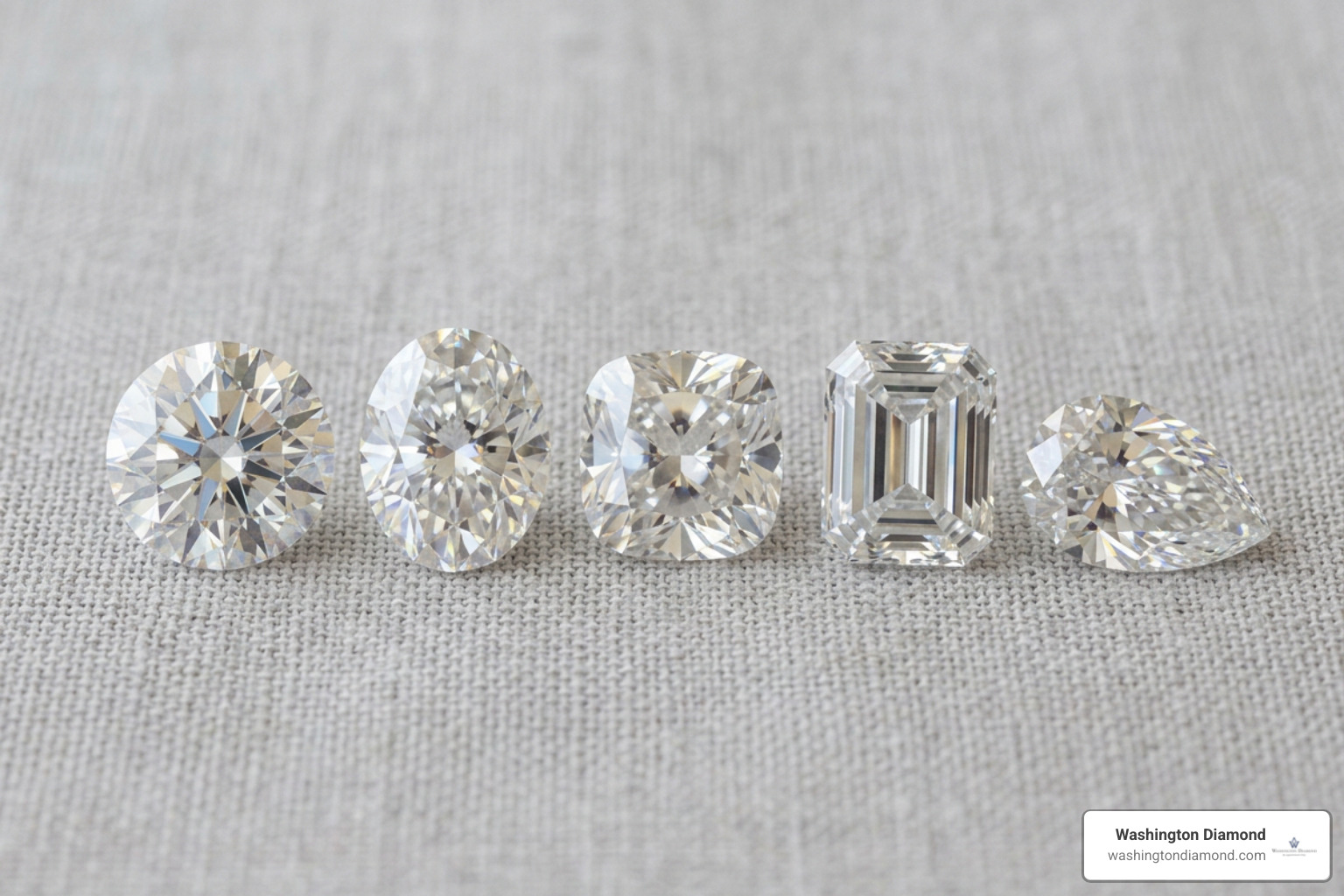 Assorted five-carat diamond shapes on neutral background