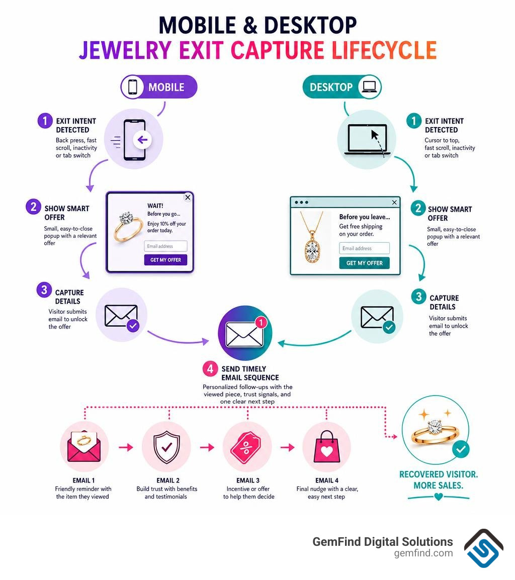 Mobile and desktop jewelry exit capture lifecycle infographic