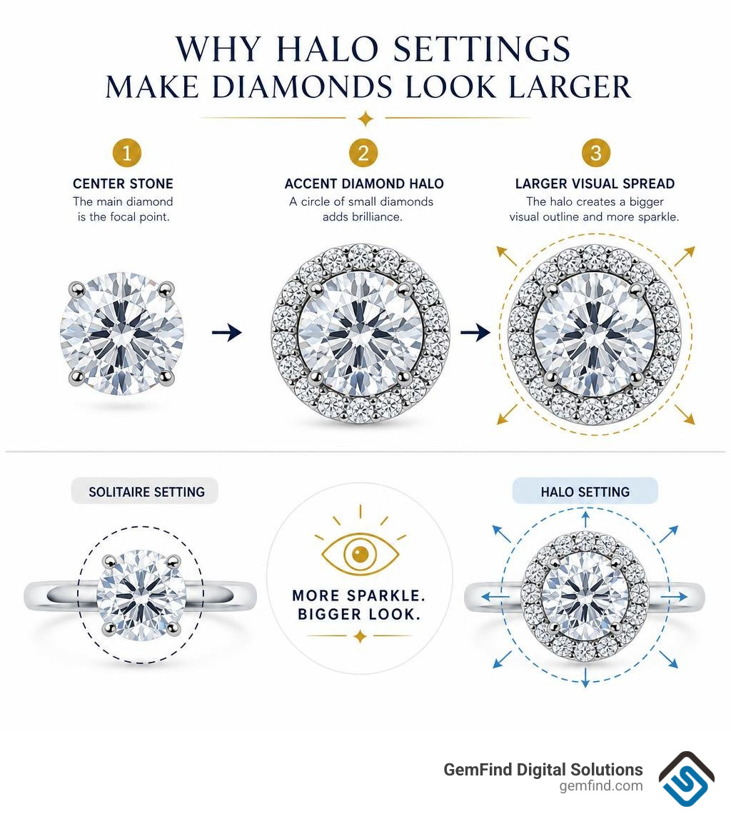 Infographic showing center stone, accent diamond halo, and larger visual spread infographic