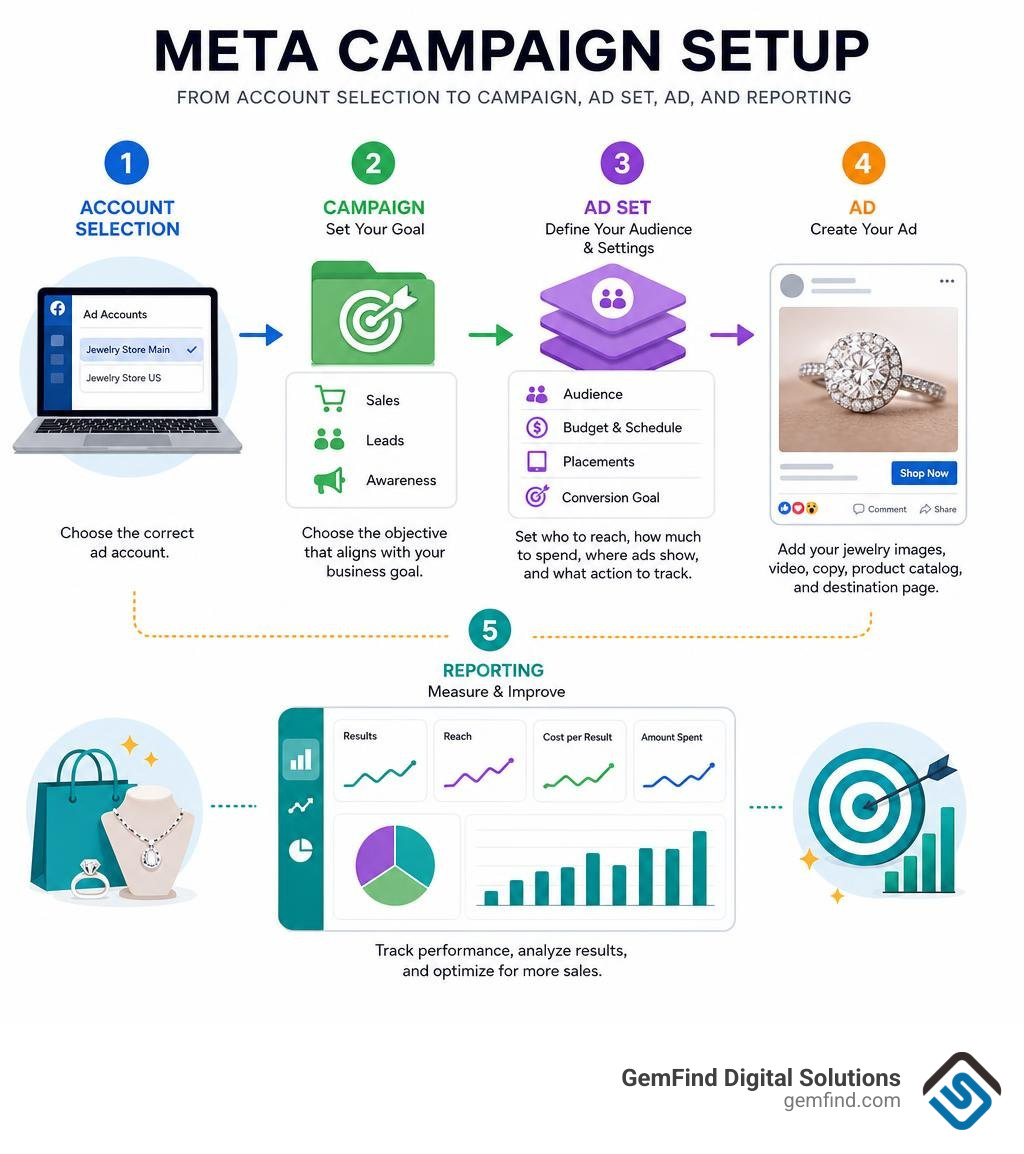 Meta campaign setup from account selection to campaign, ad set, ad, and reporting infographic