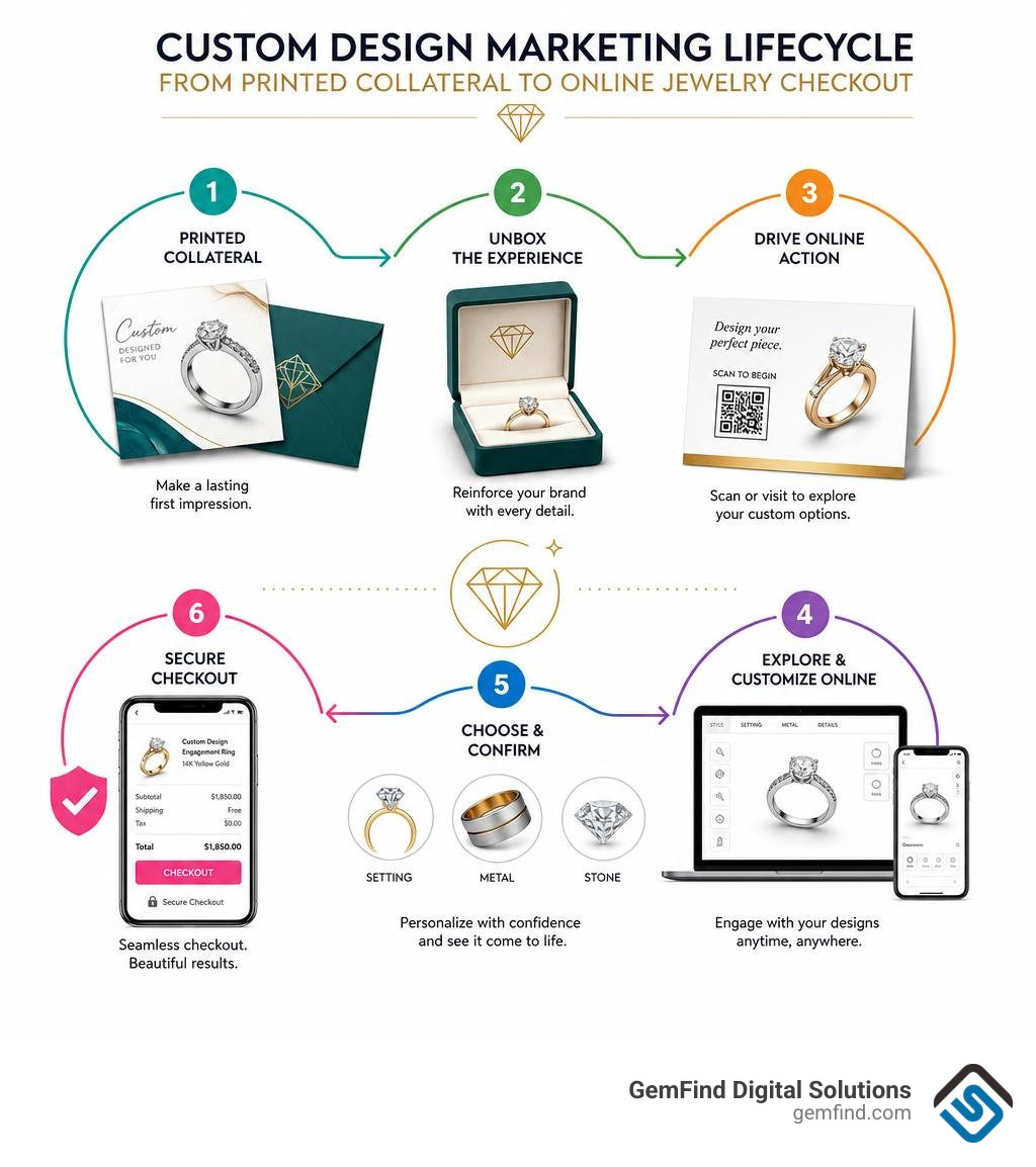 Custom design marketing lifecycle from printed collateral to online jewelry checkout infographic