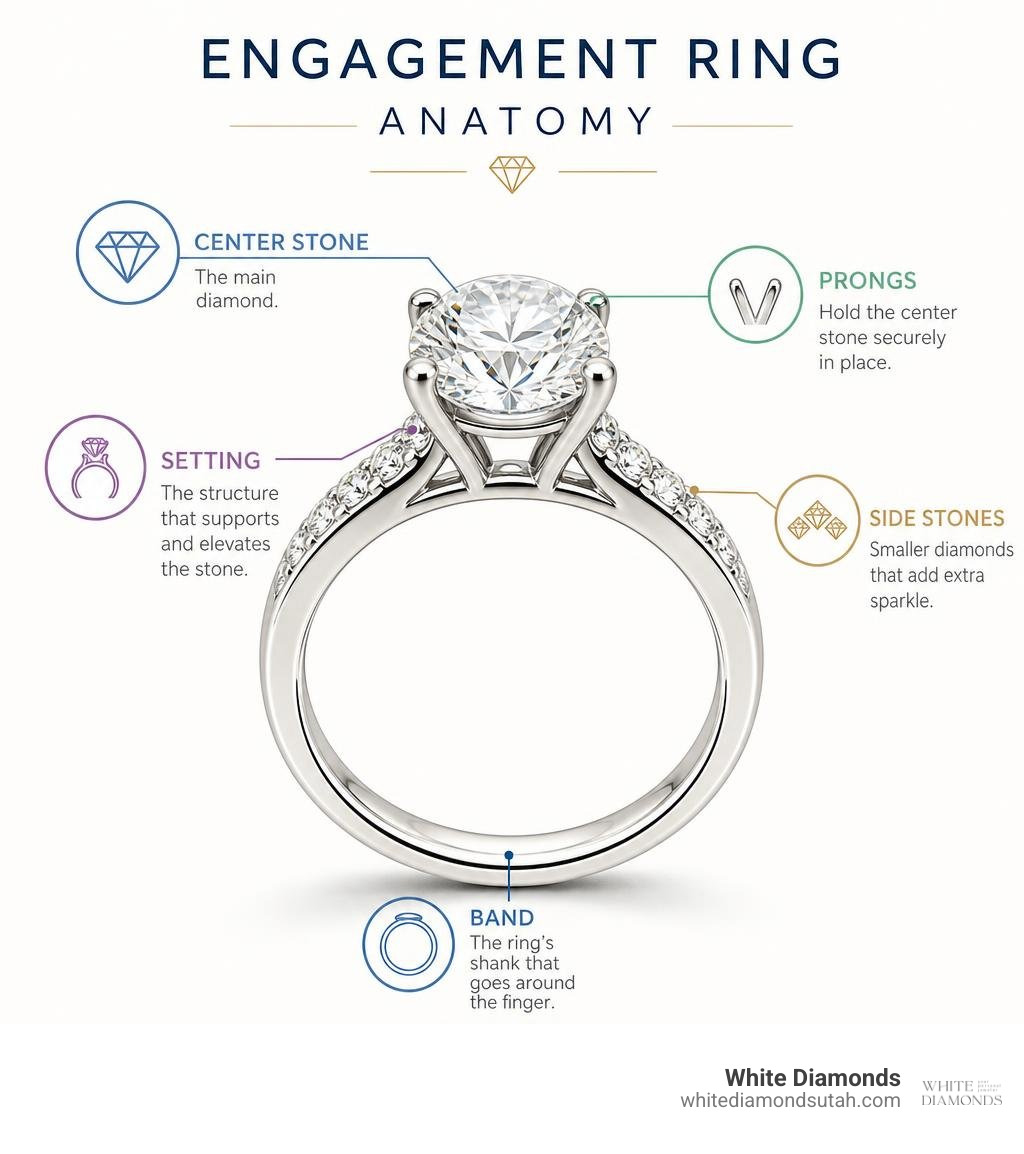 Engagement ring anatomy showing center stone, prongs, setting, band, and side stones infographic Engagement ring anatomy showing center stone, prongs, setting, band, and side stones infographic