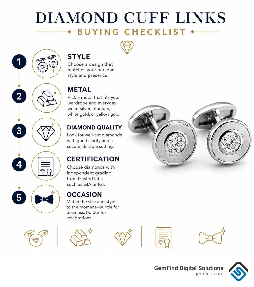 Diamond cuff links buying checklist: style, metal, diamond quality, certification, and occasion infographic