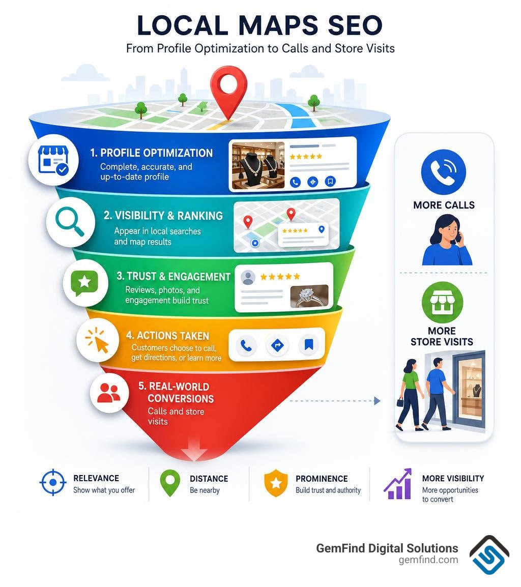 Local maps SEO conversion funnel from profile optimization to calls and store visits infographic
