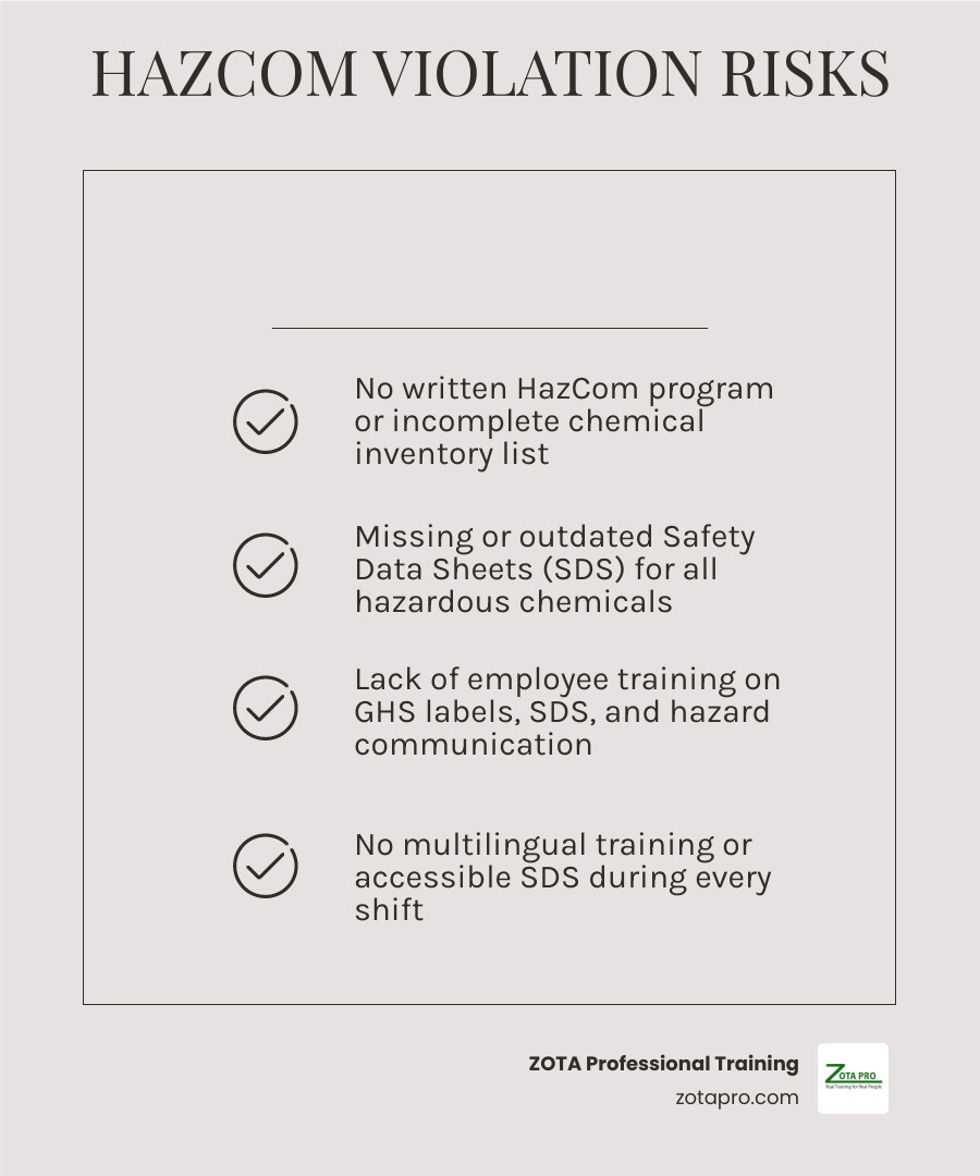 HazCom violation risk factors and prevention steps infographic HazCom violation risk factors and prevention steps infographic