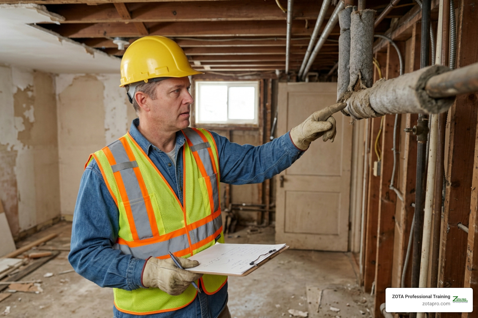 construction worker identifying hazardous insulation materials on a renovation jobsite construction worker identifying hazardous insulation materials on a renovation jobsite