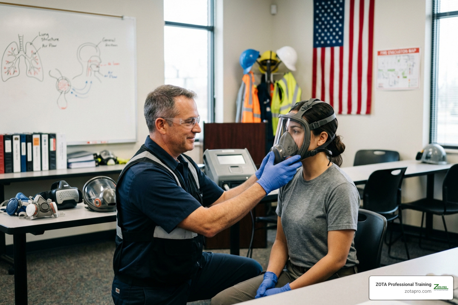 safety instructor conducting hands-on respirator fit testing during an accredited training session safety instructor conducting hands-on respirator fit testing during an accredited training session