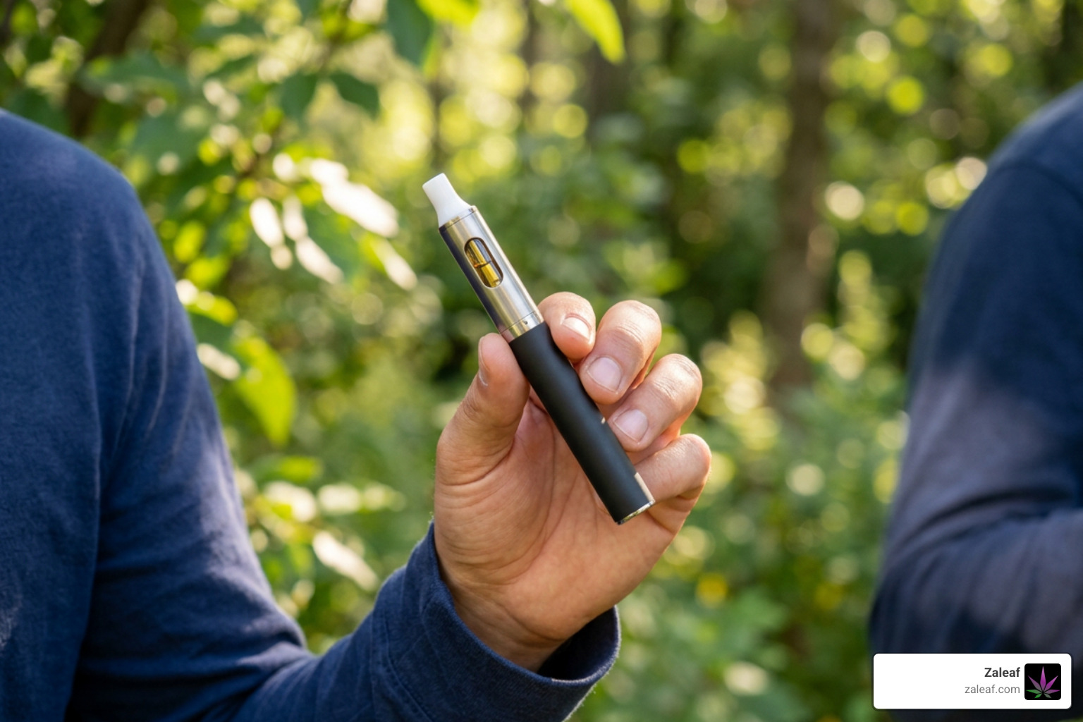 A portable vape pen held outdoors in natural light A portable vape pen held outdoors in natural light