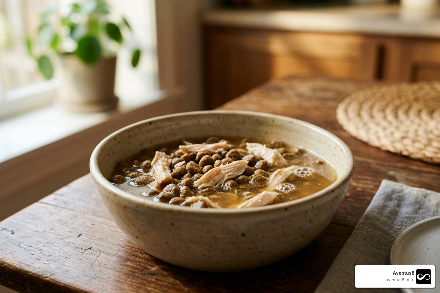 Savory dog meal topped with warm bone broth and chicken Savory dog meal topped with warm bone broth and chicken