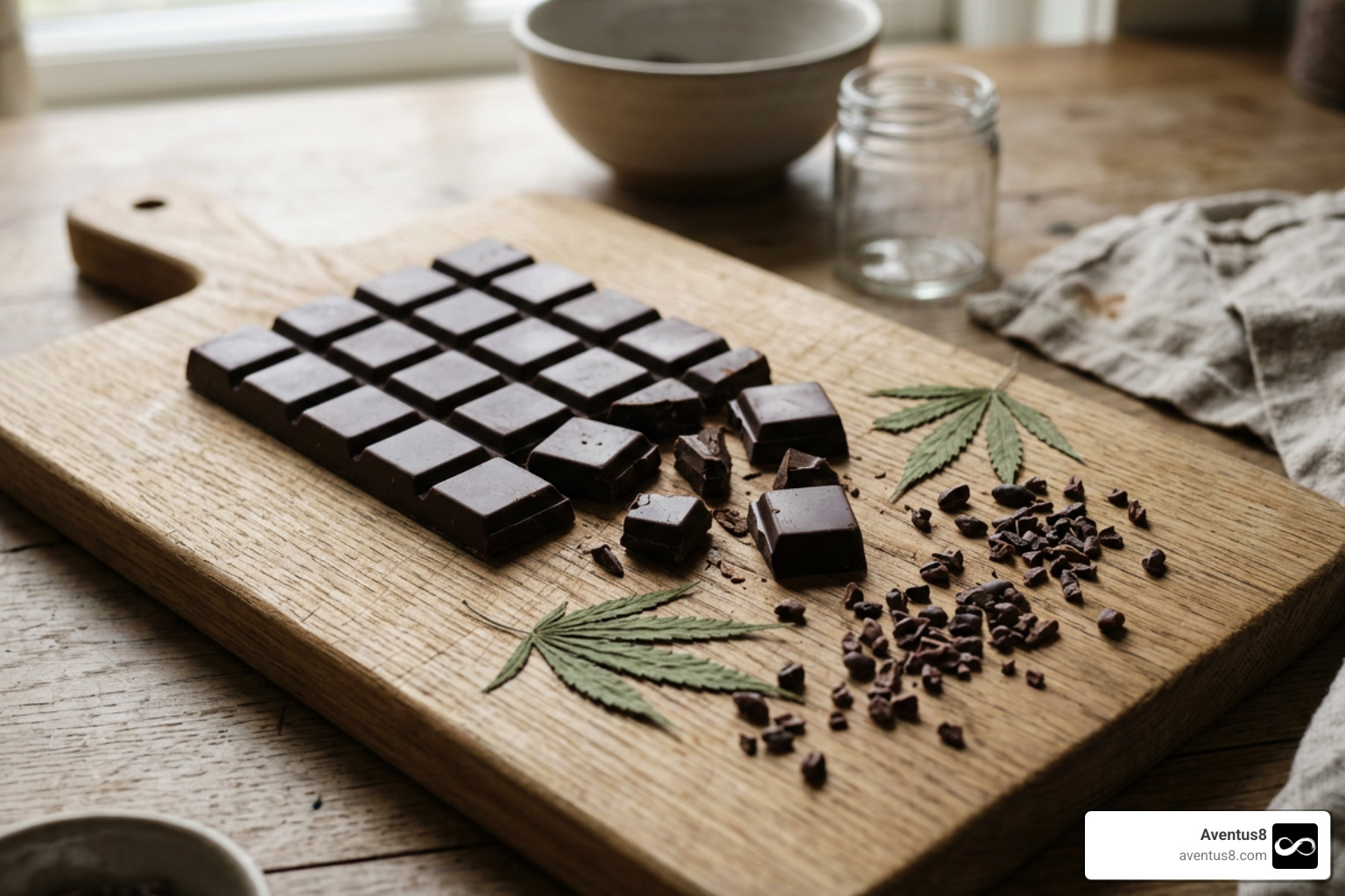 Precision portioned cannabis chocolate squares on a cutting board
