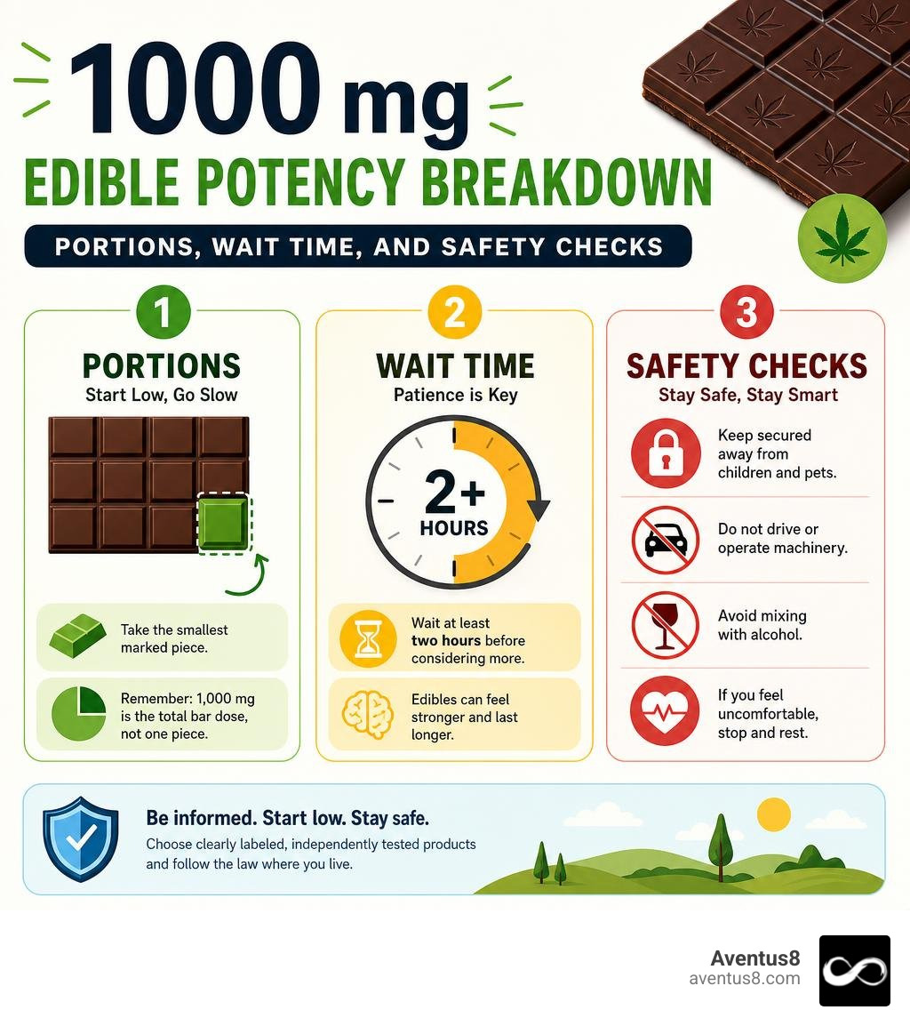 1000 mg edible potency breakdown: portions, wait time, and safety checks infographic