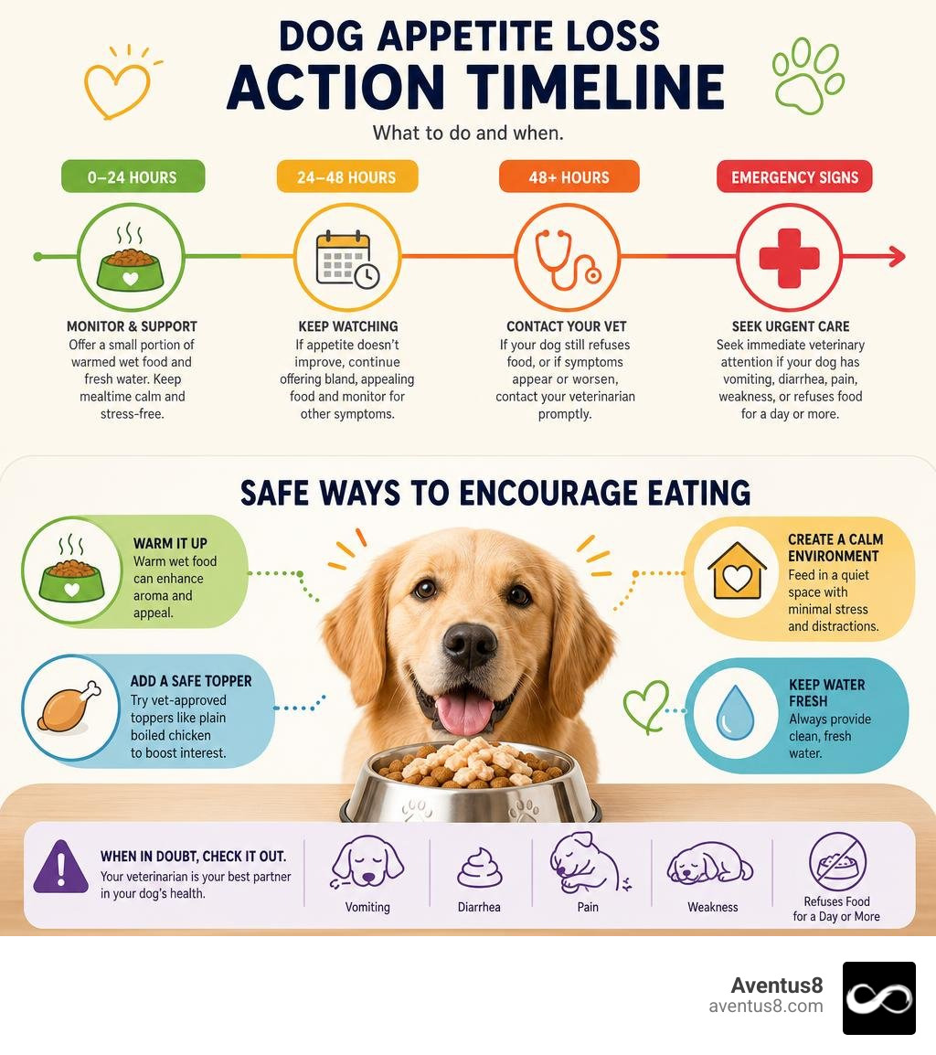 Dog appetite loss action timeline and safe ways to encourage eating infographic Dog appetite loss action timeline and safe ways to encourage eating infographic