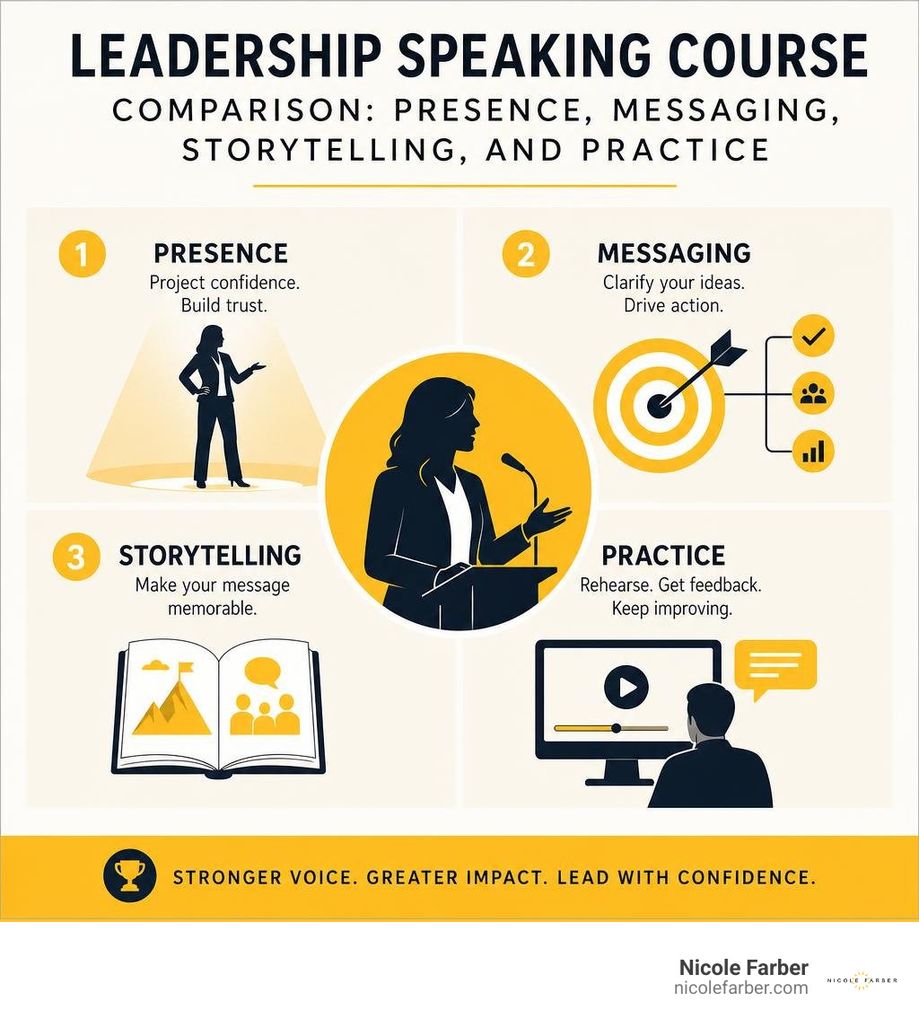Leadership speaking course comparison: presence, messaging, storytelling, and practice infographic Leadership speaking course comparison: presence, messaging, storytelling, and practice infographic