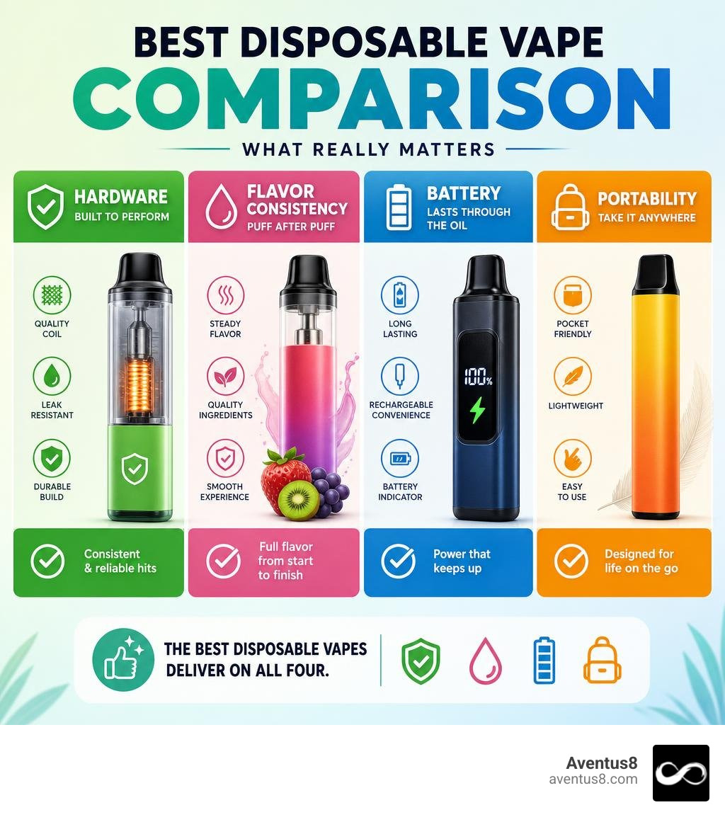 Best disposable vape comparison: hardware, flavor consistency, battery, and portability infographic Best disposable vape comparison: hardware, flavor consistency, battery, and portability infographic