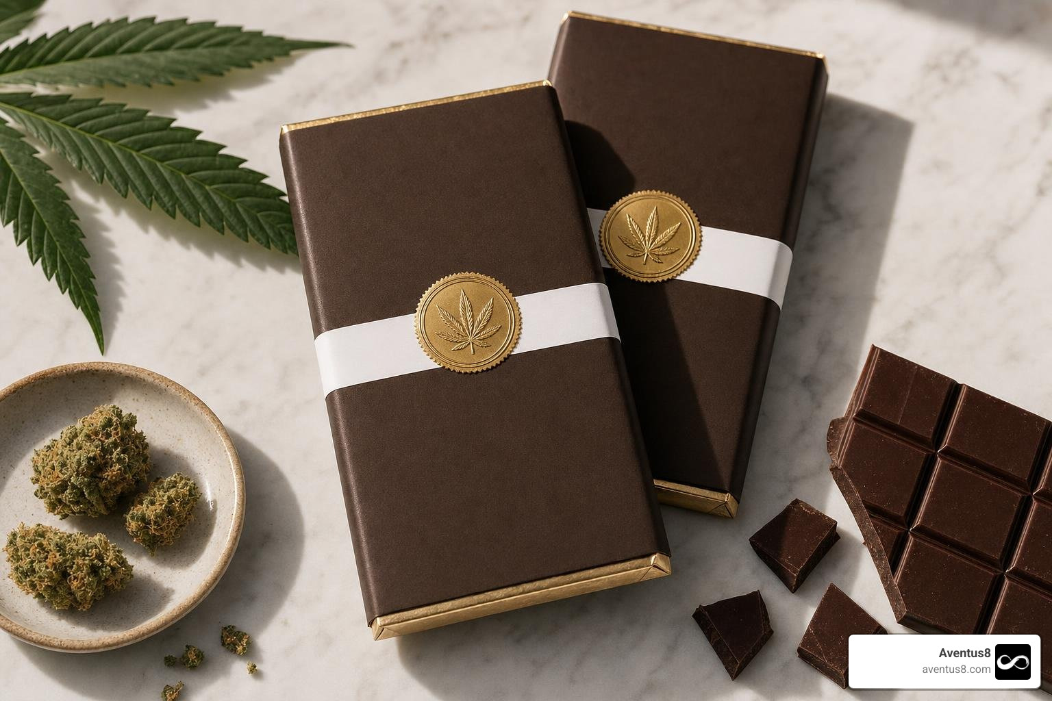 Packaged legal cannabis chocolate bars with lab test seal