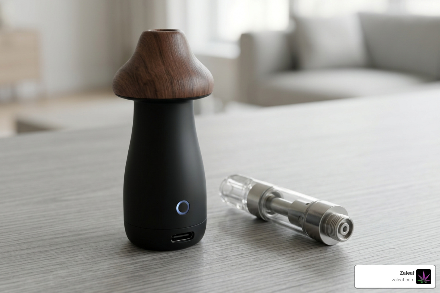 Rechargeable disposable mushroom vape device next to a standard 510 thread cartridge Rechargeable disposable mushroom vape device next to a standard 510 thread cartridge