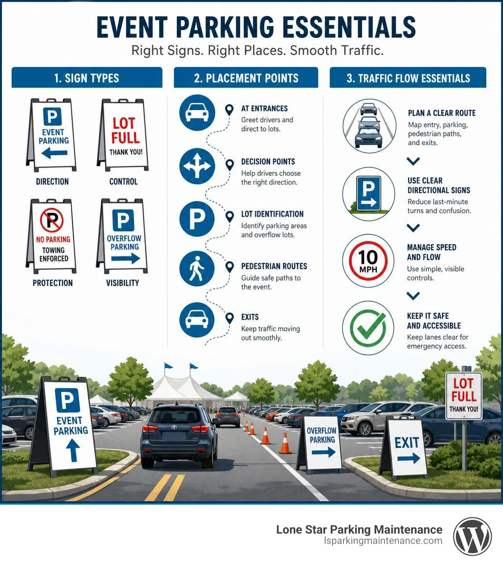 Event parking sign types, placement points, and traffic flow essentials infographic Event parking sign types, placement points, and traffic flow essentials infographic
