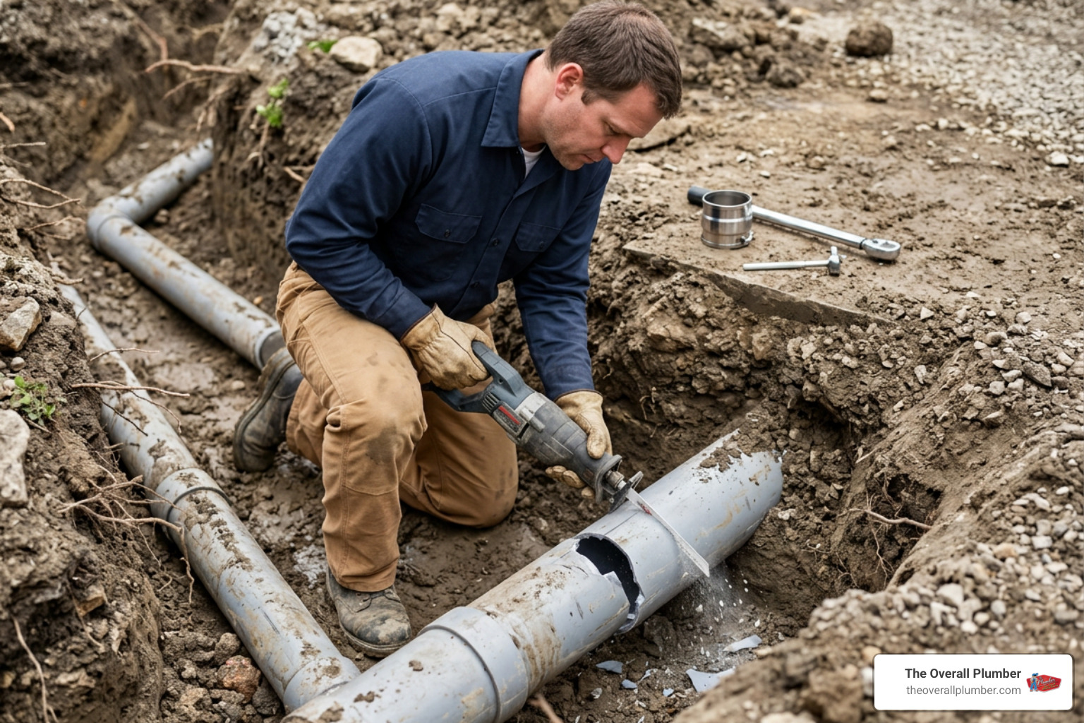 Cutting damaged pipe and installing shielded coupling with torque wrench Cutting damaged pipe and installing shielded coupling with torque wrench
