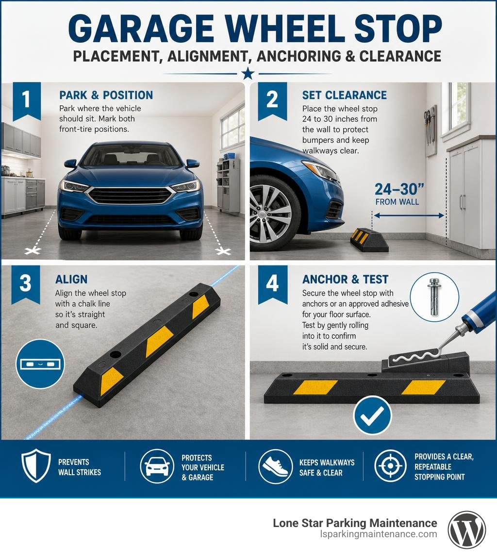 Garage wheel stop placement, alignment, anchoring, and vehicle clearance infographic