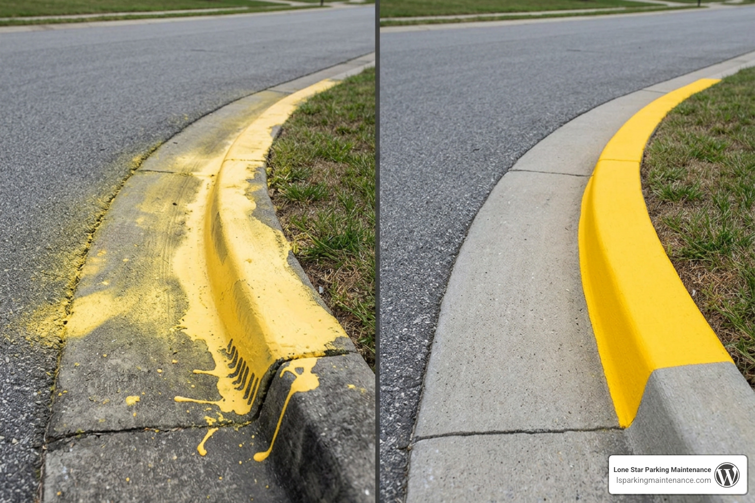 Comparison of amateur overspray versus crisp professional curb stenciling Comparison of amateur overspray versus crisp professional curb stenciling