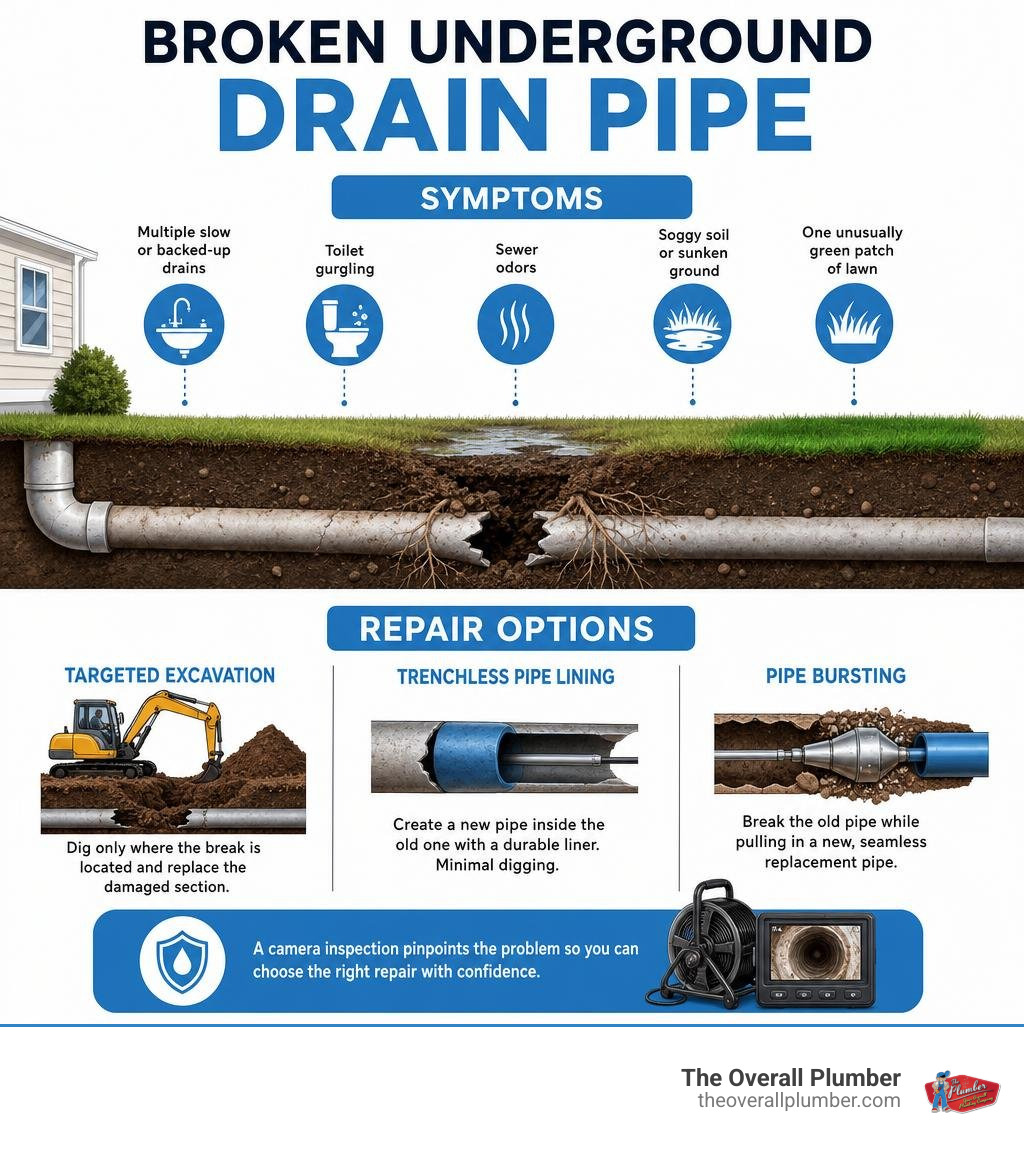 Broken underground drain pipe symptoms and repair options infographic Broken underground drain pipe symptoms and repair options infographic