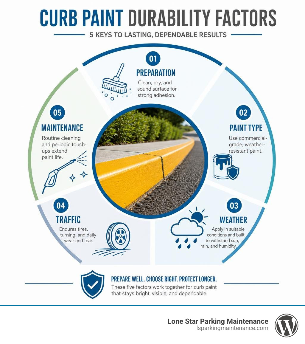 Curb paint durability factors: preparation, paint type, weather, traffic, and maintenance infographic Curb paint durability factors: preparation, paint type, weather, traffic, and maintenance infographic
