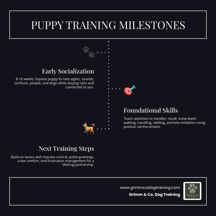 Puppy class timeline: early socialization, foundational skills, and next training steps infographic Puppy class timeline: early socialization, foundational skills, and next training steps infographic