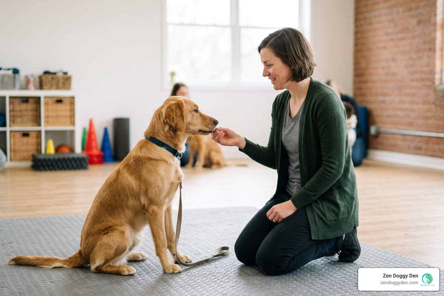 certified trainer rewarding a calm dog with positive reinforcement