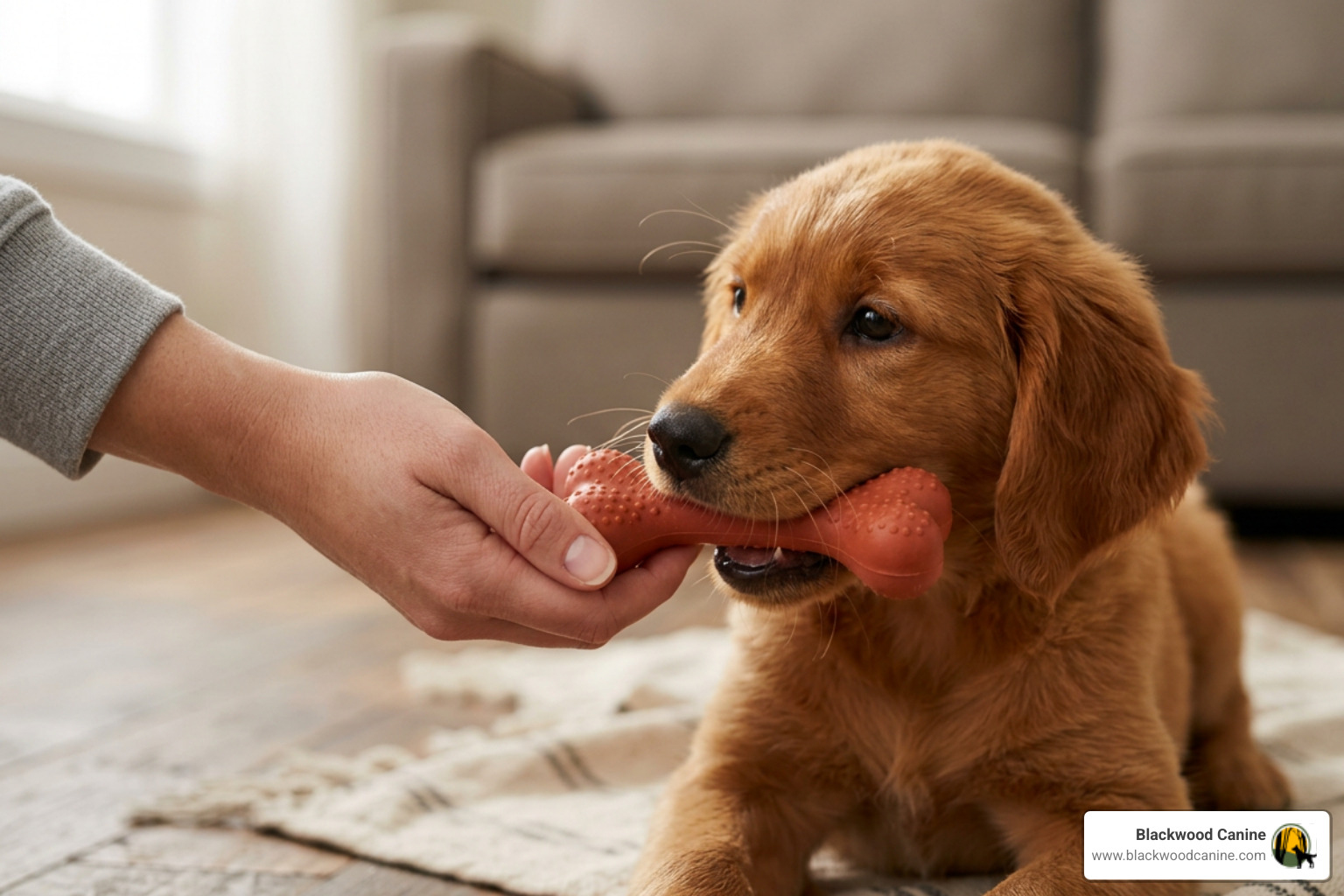 Owner redirecting puppy nipping to a durable rubber chew toy Owner redirecting puppy nipping to a durable rubber chew toy