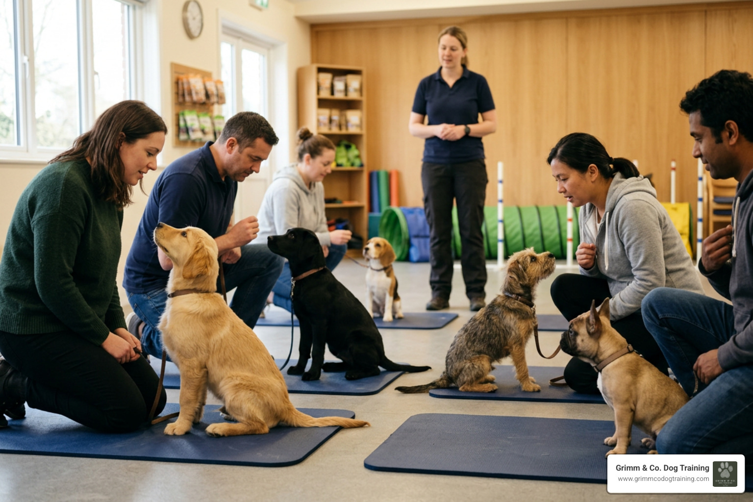 Small group puppy class with diverse breeds practicing focus Small group puppy class with diverse breeds practicing focus
