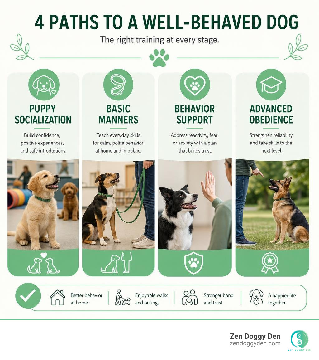 Infographic showing puppy socialization, basic manners, behavior support, and advanced obedience infographic