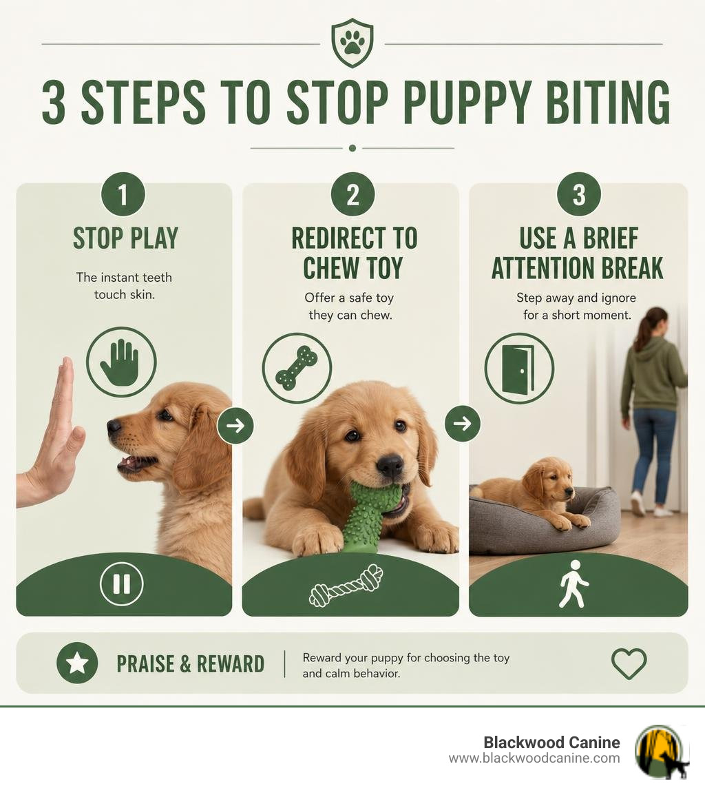 Infographic: stop play, redirect to chew toy, use a brief attention break infographic Infographic: stop play, redirect to chew toy, use a brief attention break infographic