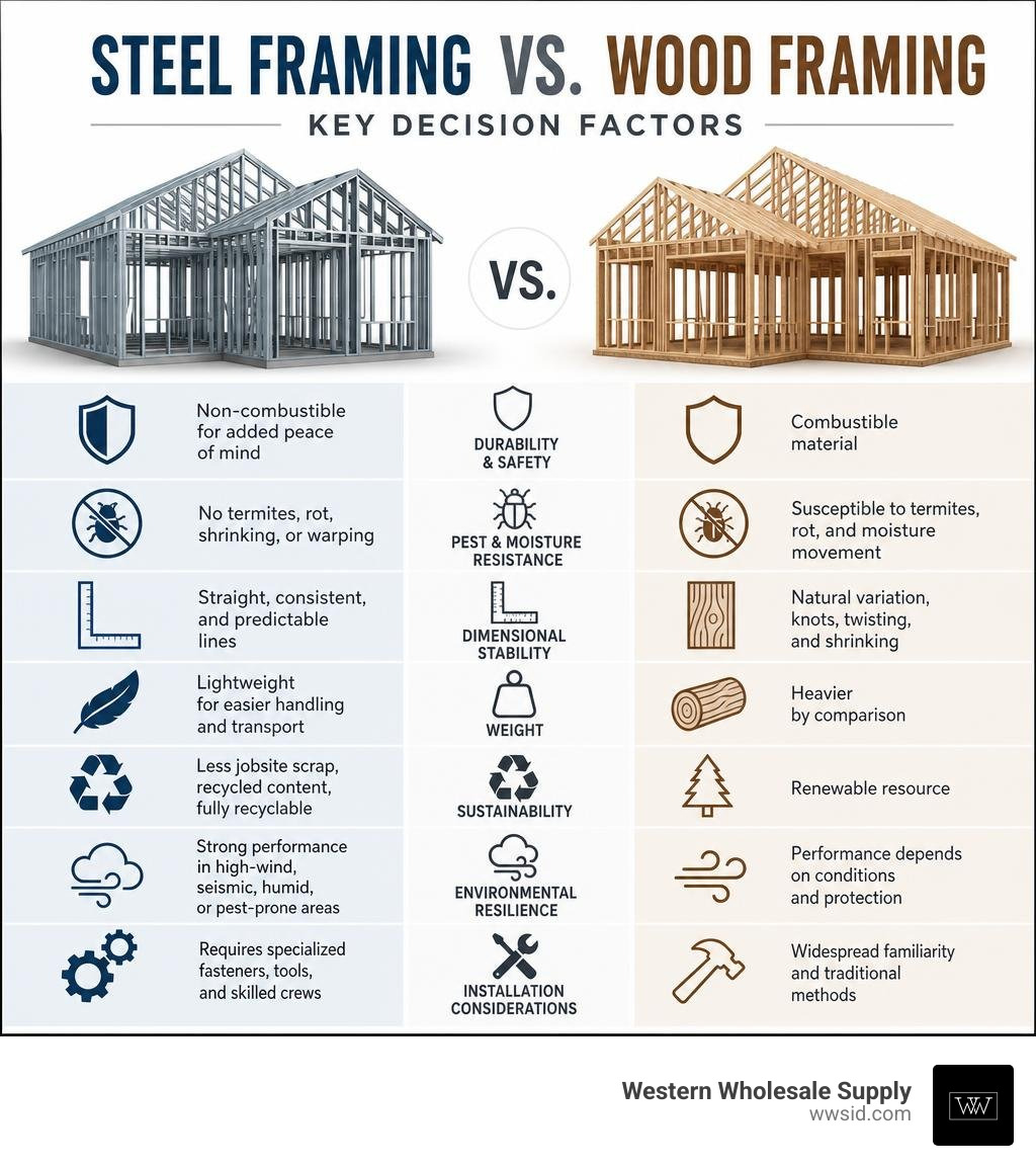 Steel framing versus wood framing decision factors infographic Steel framing versus wood framing decision factors infographic