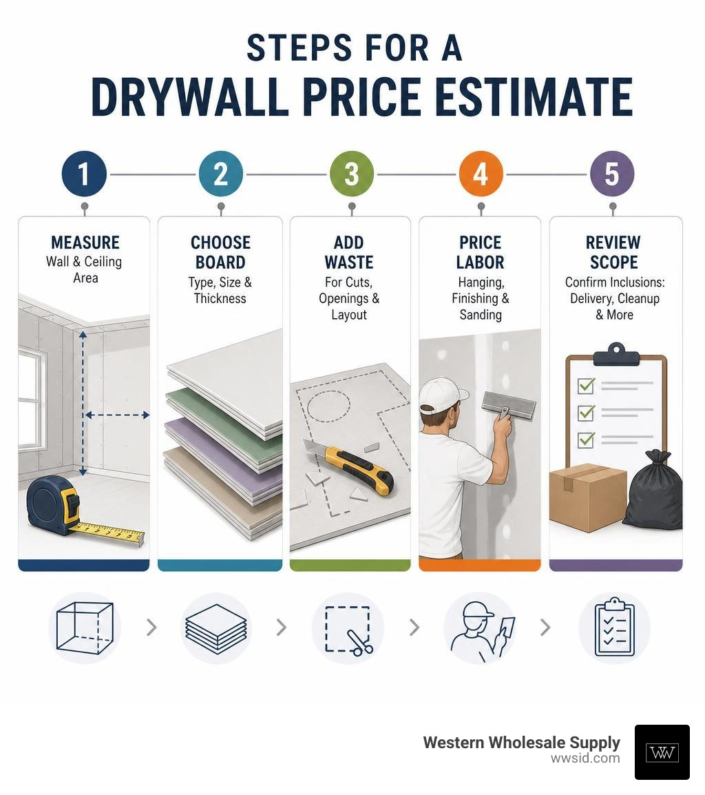Steps for a drywall price estimate: measure, choose board, add waste, price labor, review scope infographic Steps for a drywall price estimate: measure, choose board, add waste, price labor, review scope infographic