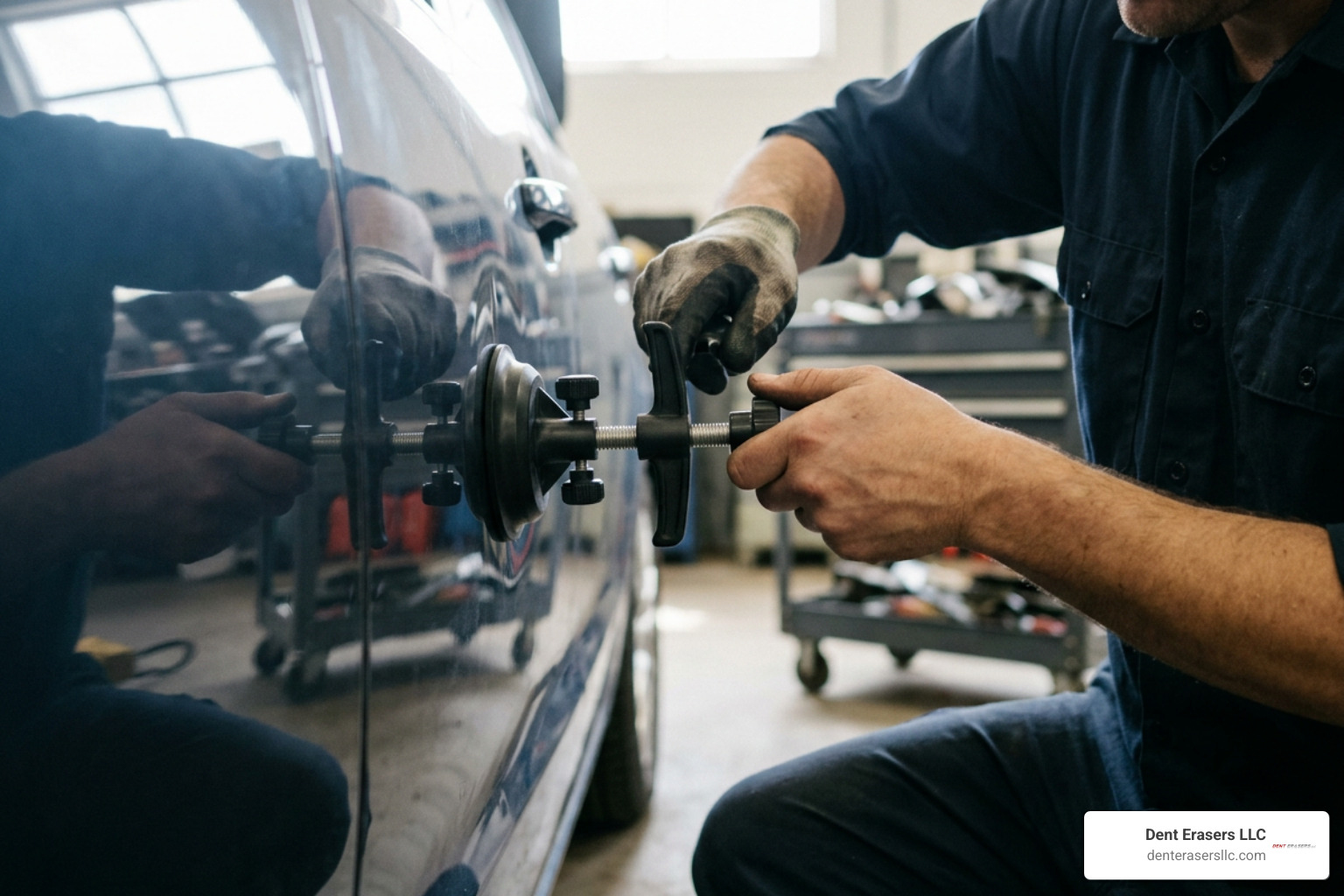 Applying hot glue tab to vehicle door ding Applying Hot Glue Tab To Vehicle Door Ding