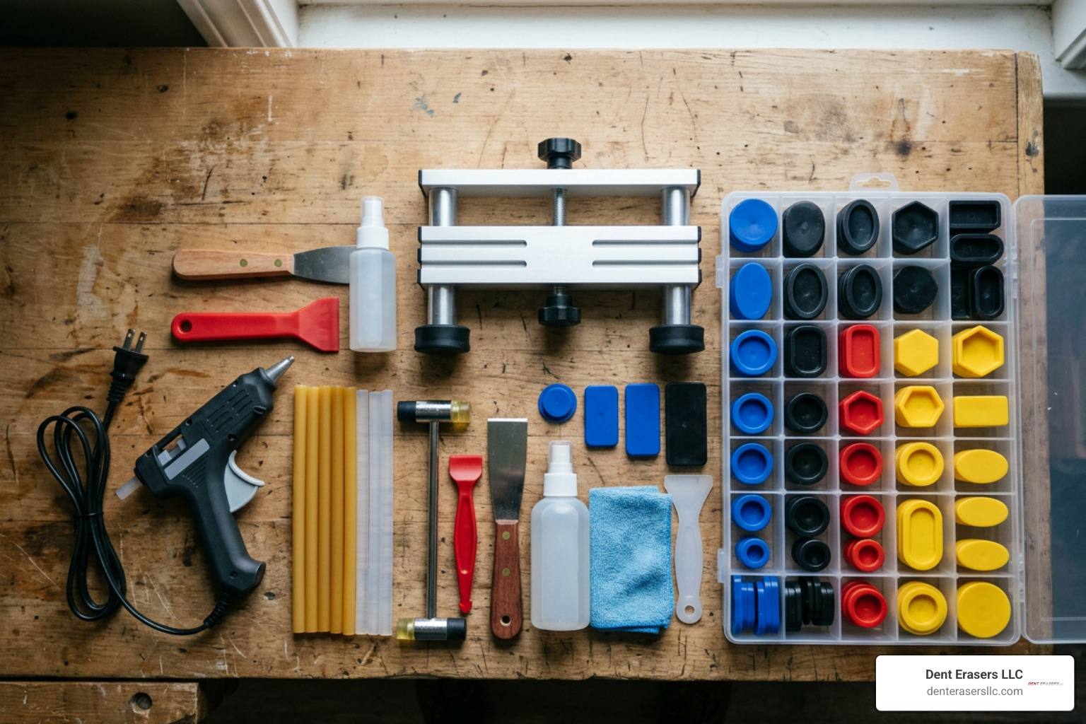 DIY dent repair kit components laid out on workbench Diy Dent Repair Kit Components Laid Out On Workbench
