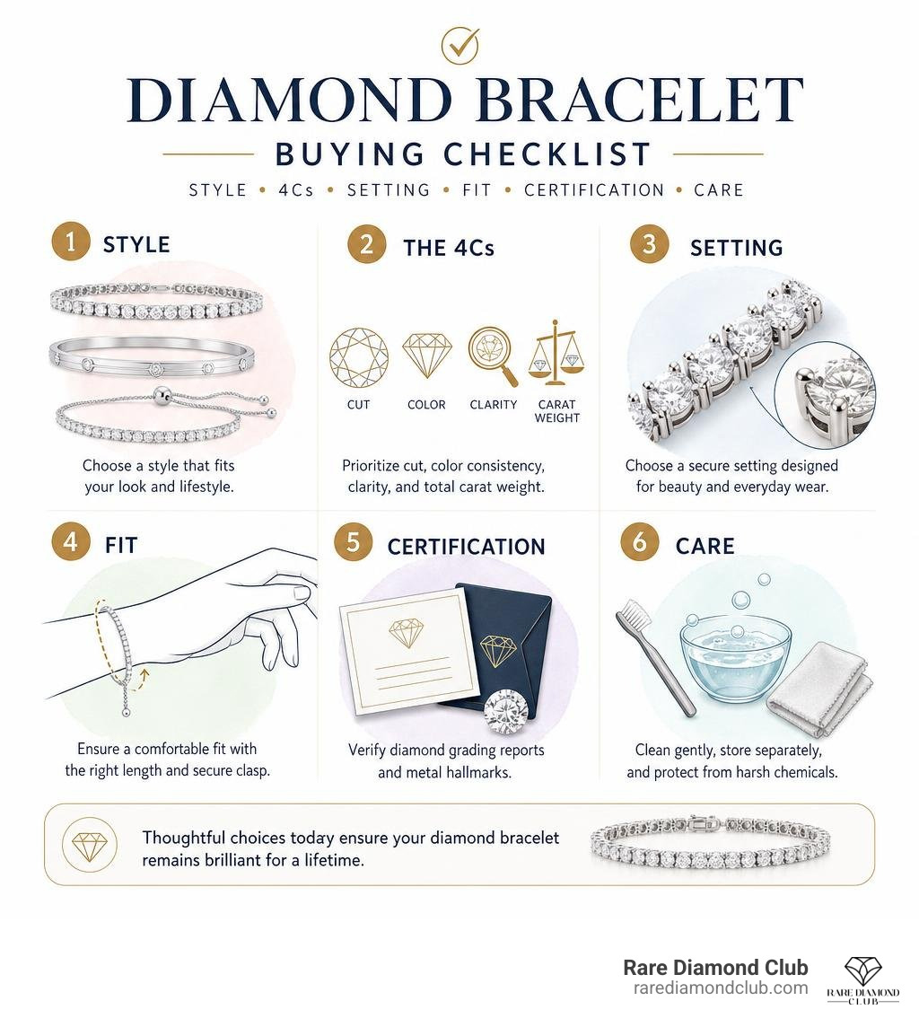 Diamond bracelet buying checklist: style, 4Cs, setting, fit, certification, and care infographic Diamond bracelet buying checklist: style, 4Cs, setting, fit, certification, and care infographic