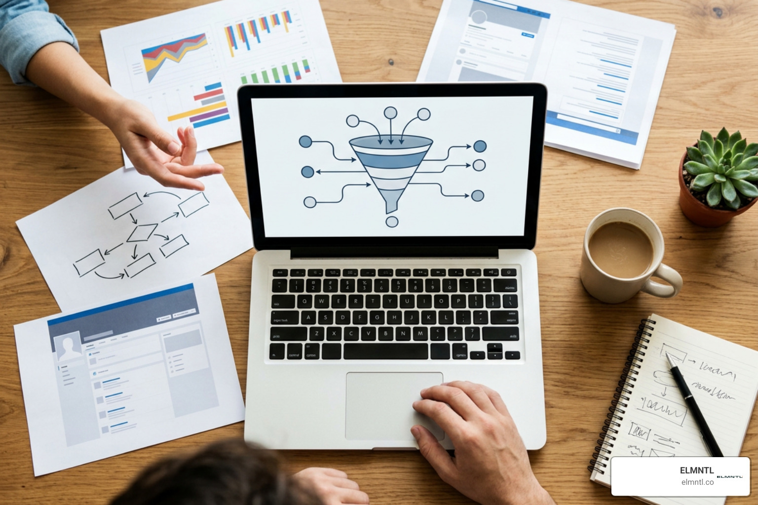 Multi-channel agency marketing funnel showing organic search, social proof, and lead capture