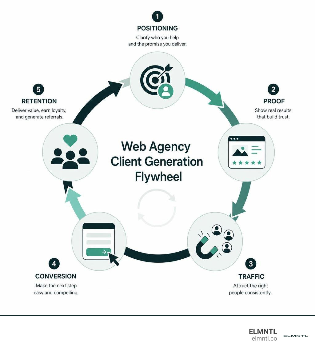 Web agency client generation flywheel: positioning, proof, traffic, conversion, retention infographic