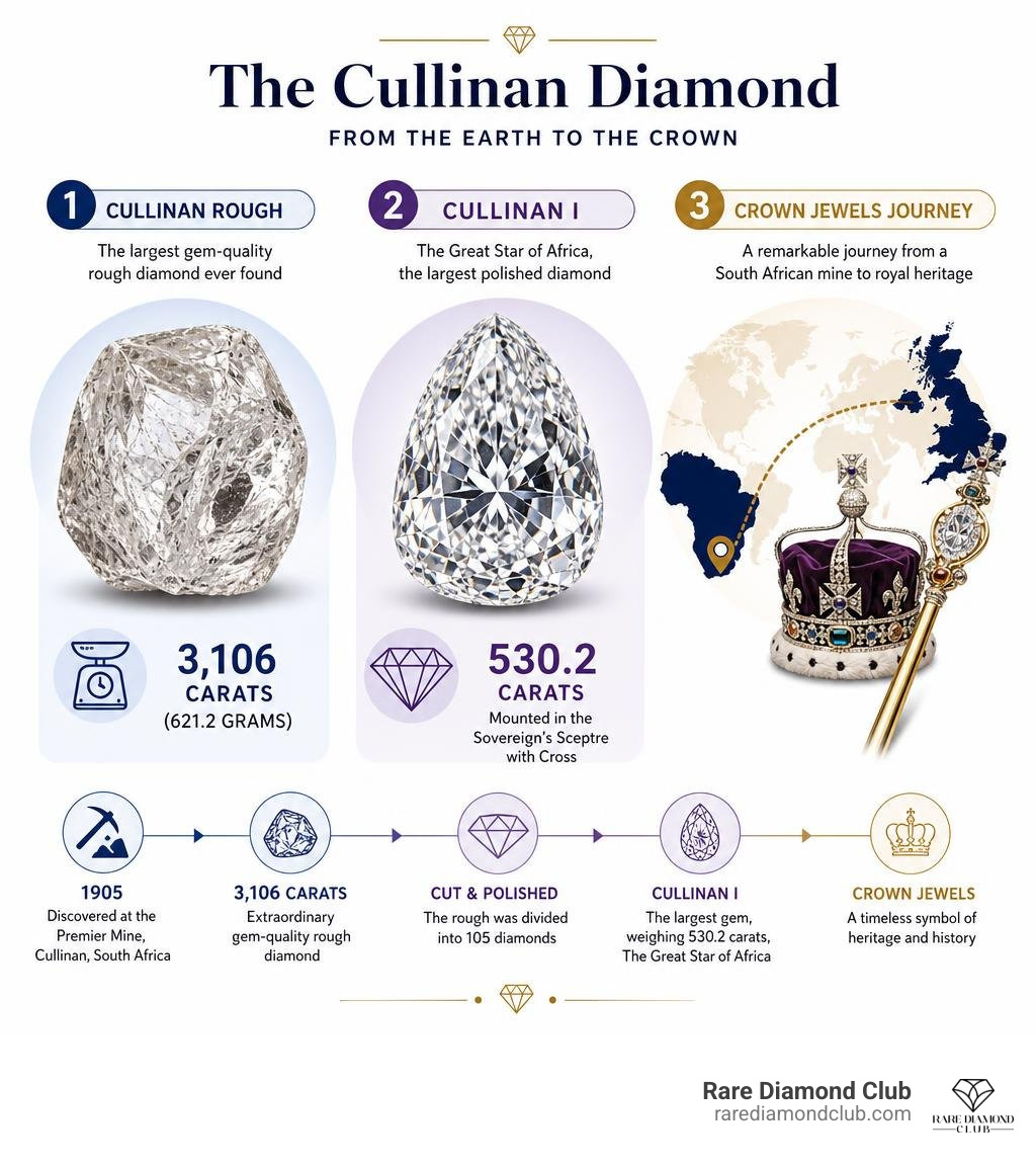 Infographic comparing Cullinan rough weight, Cullinan I, and Crown Jewels journey infographic Infographic comparing Cullinan rough weight, Cullinan I, and Crown Jewels journey infographic