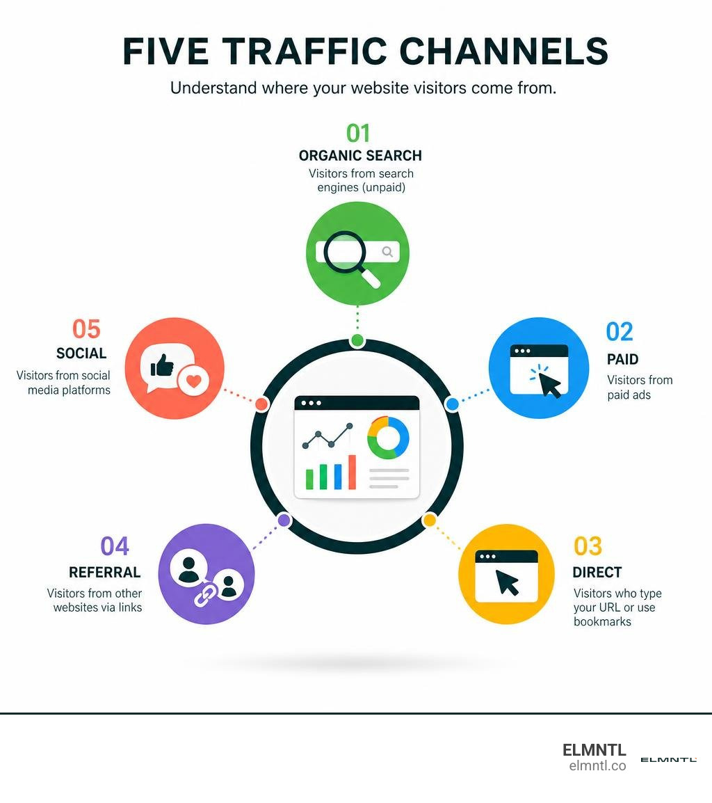 Five traffic channels: organic search, paid, direct, referral, and social infographic