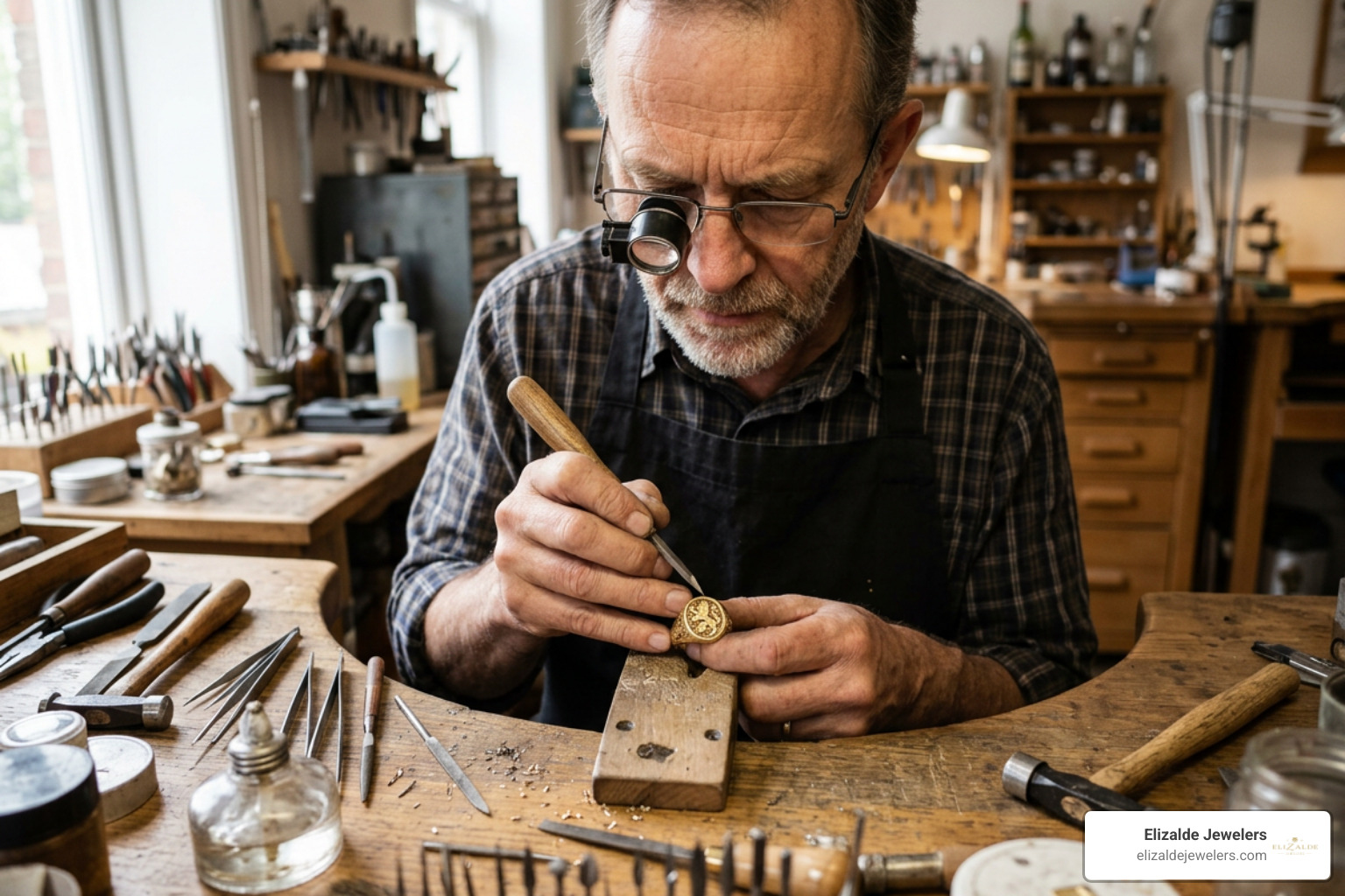 Master jeweler carefully hand-engraving intricate heraldic details onto a gold ring Master jeweler carefully hand-engraving intricate heraldic details onto a gold ring