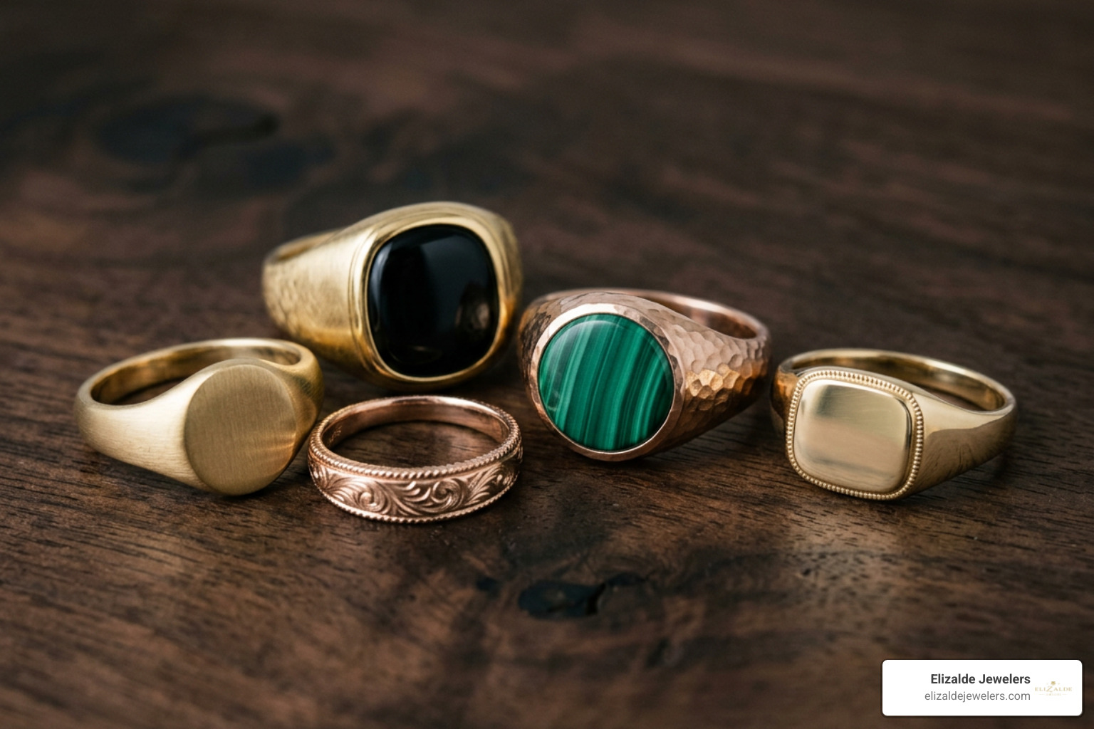 Gemstone signet rings featuring natural stones and detailed gold textures Gemstone signet rings featuring natural stones and detailed gold textures
